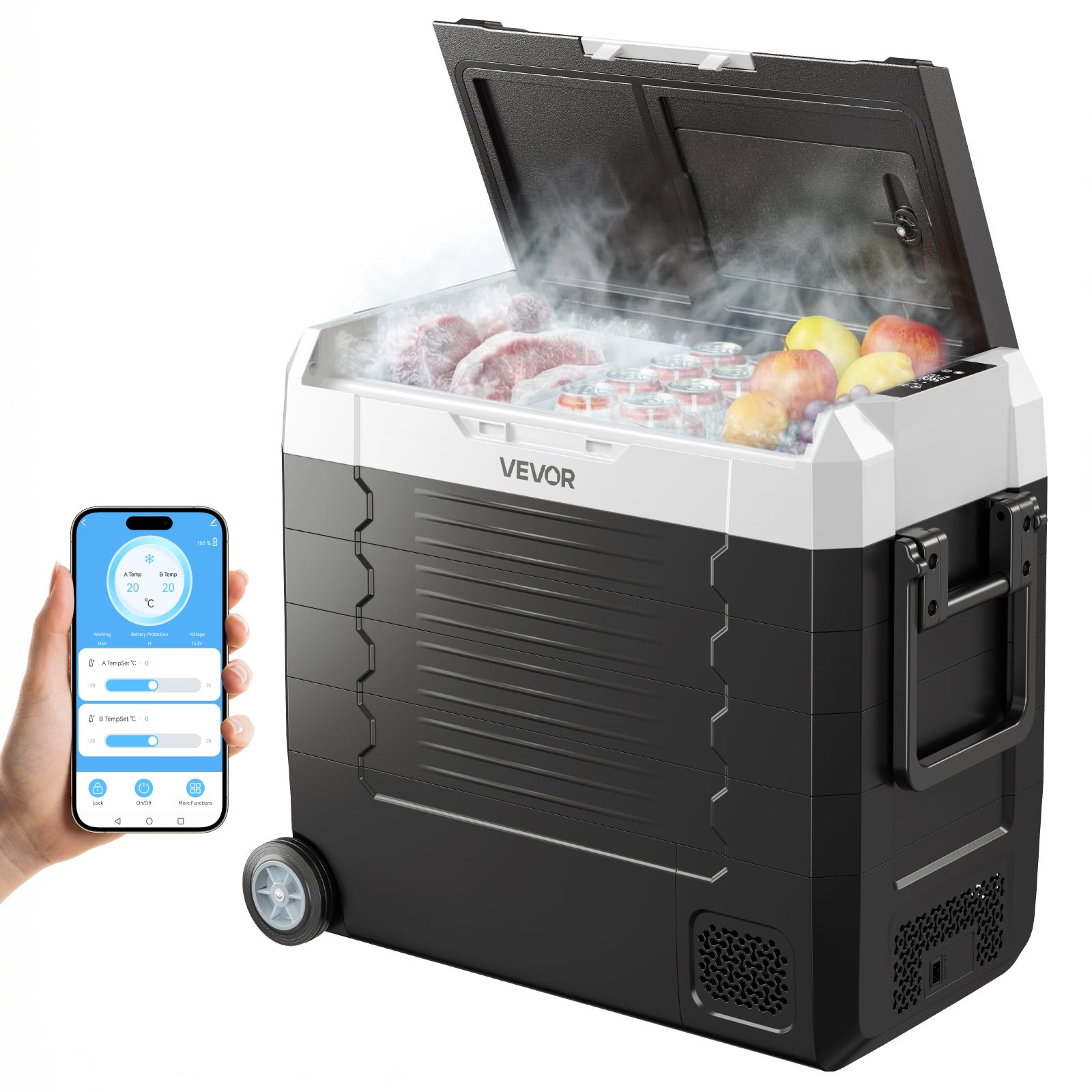 Frigider portabil VEVOR cu compresor 55L, răcitor electric DC 12/24V și AC 100-240V, pentru camping și pescuit, mini frigider auto cu zonă duală