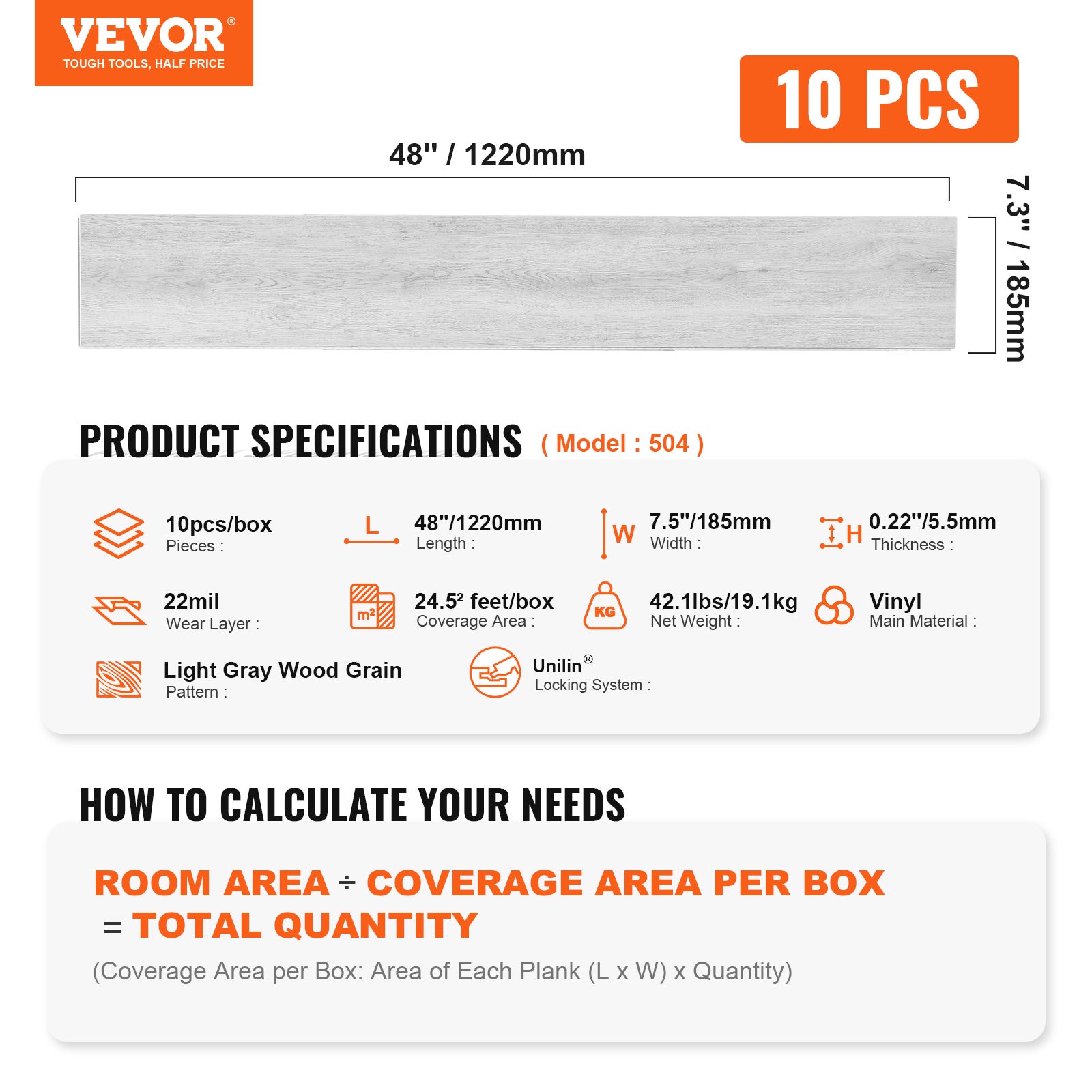 Piastrelle per Pavimenti in Vinile a Incastro VEVOR 1220 x 185 mm 10 Pezzi Spessore 5,5 mm con Venature del Legno Grigio Chiaro per Cucina,Sala da Pr - 7