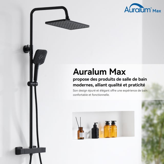 Auralum max Colonne de Douche avec Mitigeur Thermostatique, Système de Douche avec Robinetterie en laiton,Douchette à Main avec 3Jets,Noir mat