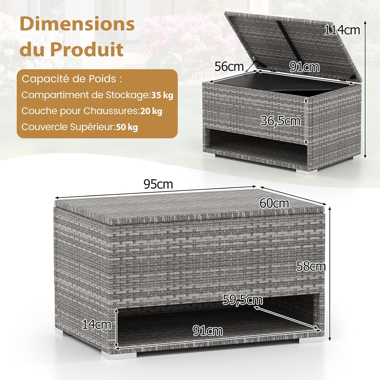 Coffre De Rangement Jardin GOPLUS 186 L - Banc Avec étagère à Chaussures, Rotin Synthétique Noir