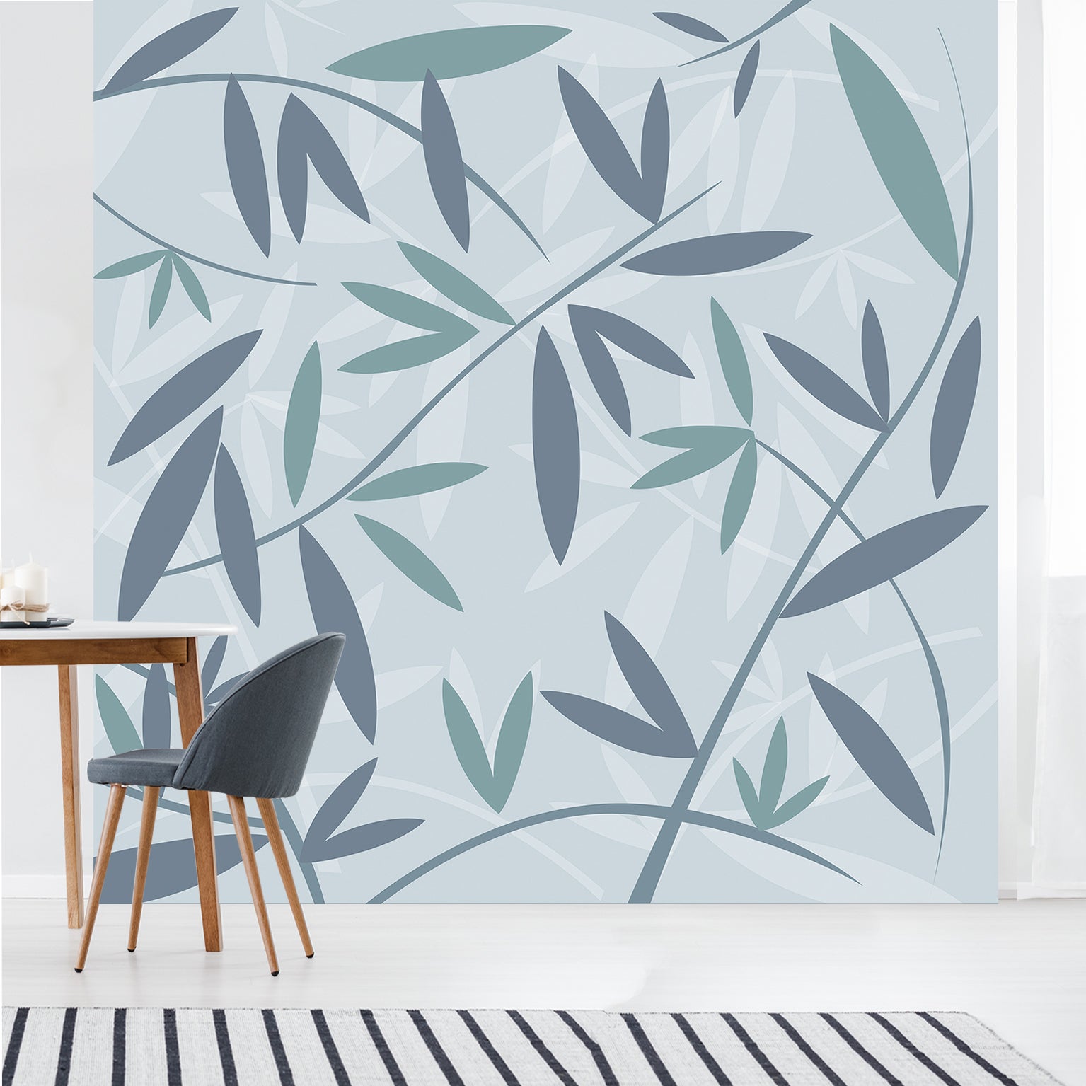 Papel tapiz panorámico con información fría, papel introductivo, patrones de hojas de bambú verde azulado sobre un fondo verde claro, 250 cm x 250 cm