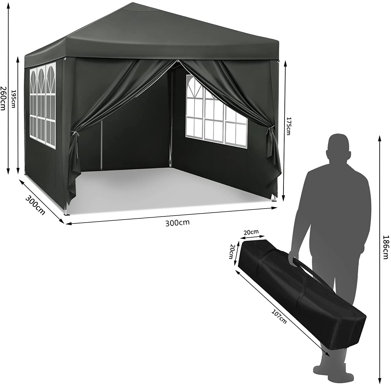 Tonnelle de Jardin. Auvent Pliable Imperméable. Protection du Soleil UV 50+. Hauteur Réglable 3x3m. Gris. WOLTU - 4