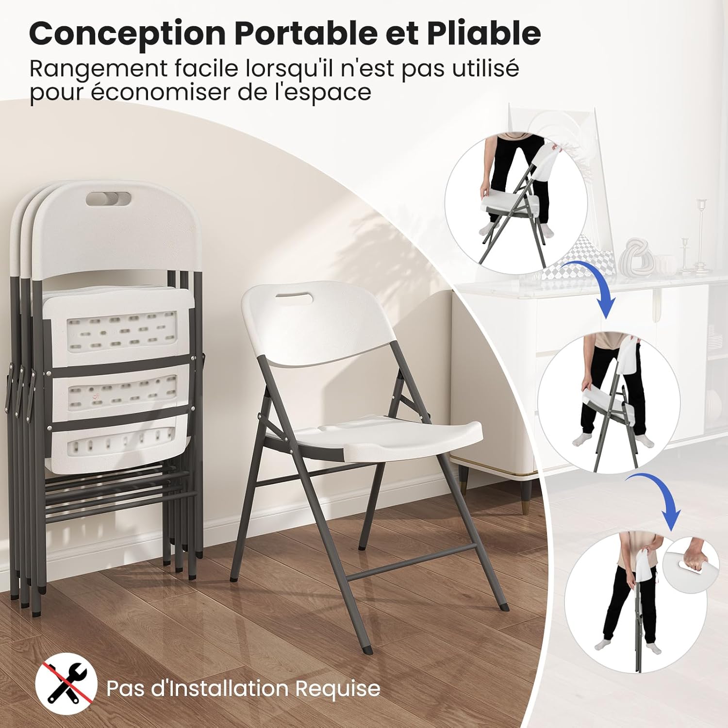 Lot de 4 Chaises Pliantes en Plastique HDPE, Cadre en Métal, Chaises d'Appoint Portables avec Pieds en Métal, Capacité 160 Kg - 7