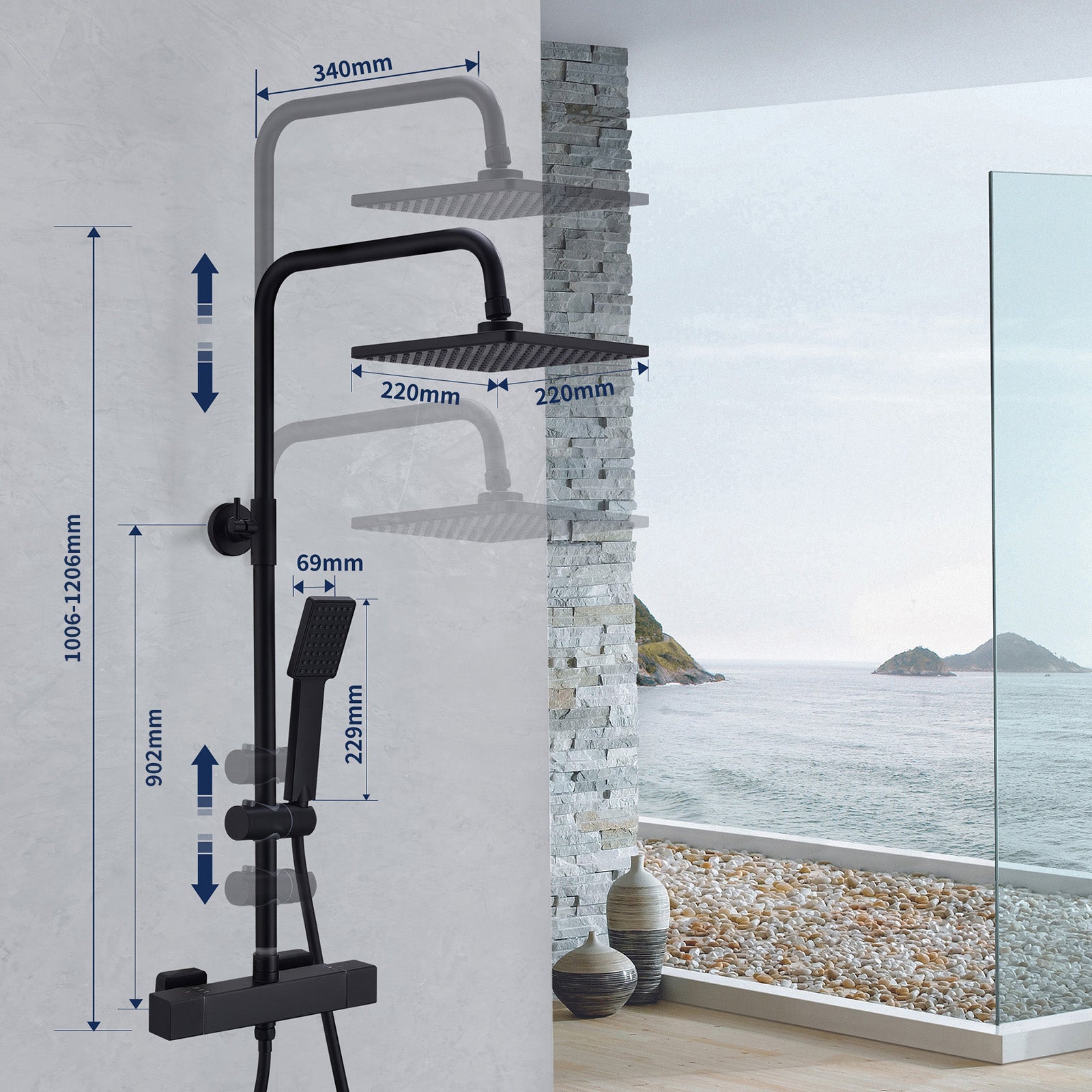 Colonne de Douche Thermostatique Noir Sans Percement Supplémentaire, Ensemble de Douche Réglable en Hauteur ( 1006-1206mm) Corps en Laiton - 7