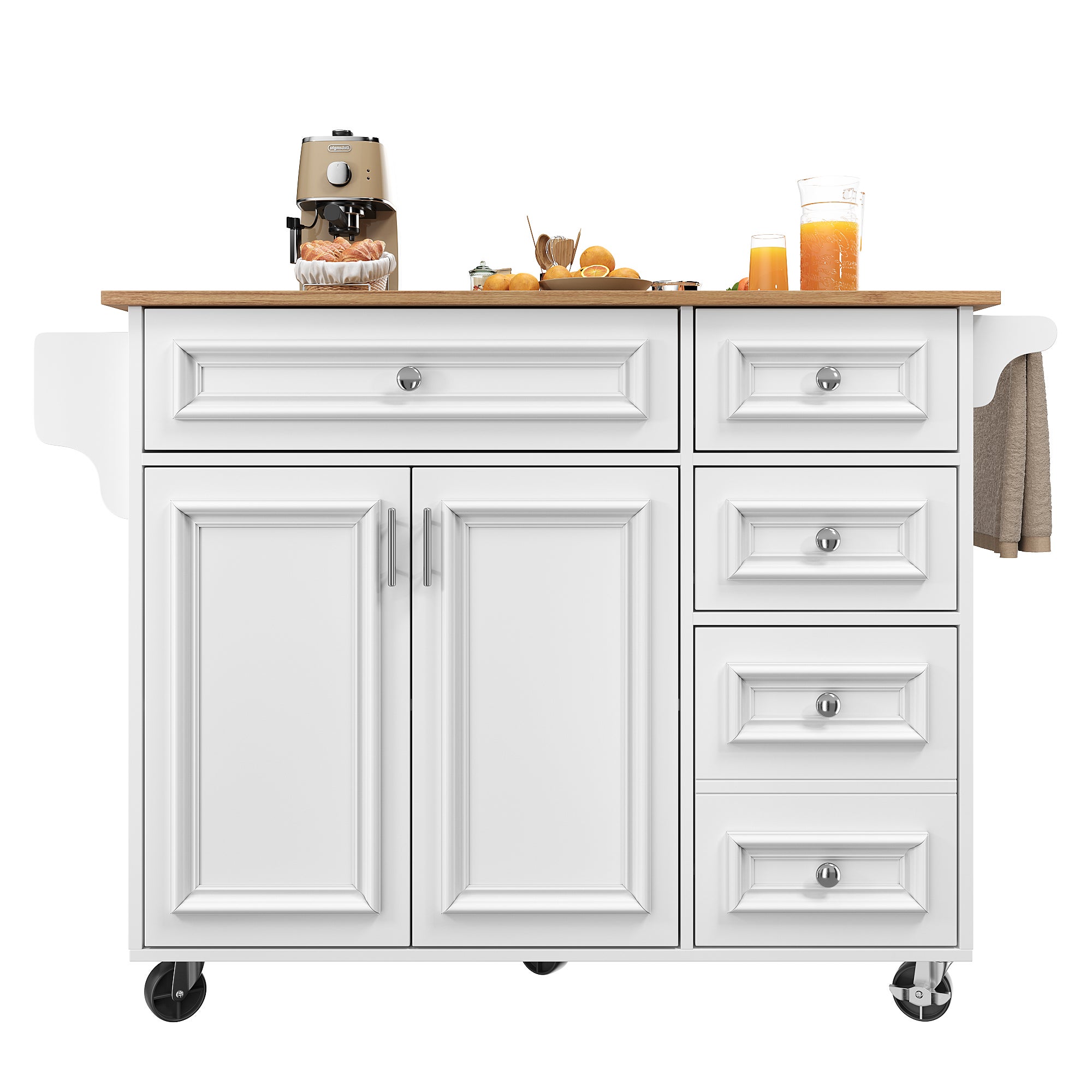 Ilot central de cuisine moderne 130x45x92cm - 5 tiroirs et 2 portes - plateau extensible - avec roulettes - Blanc - 7