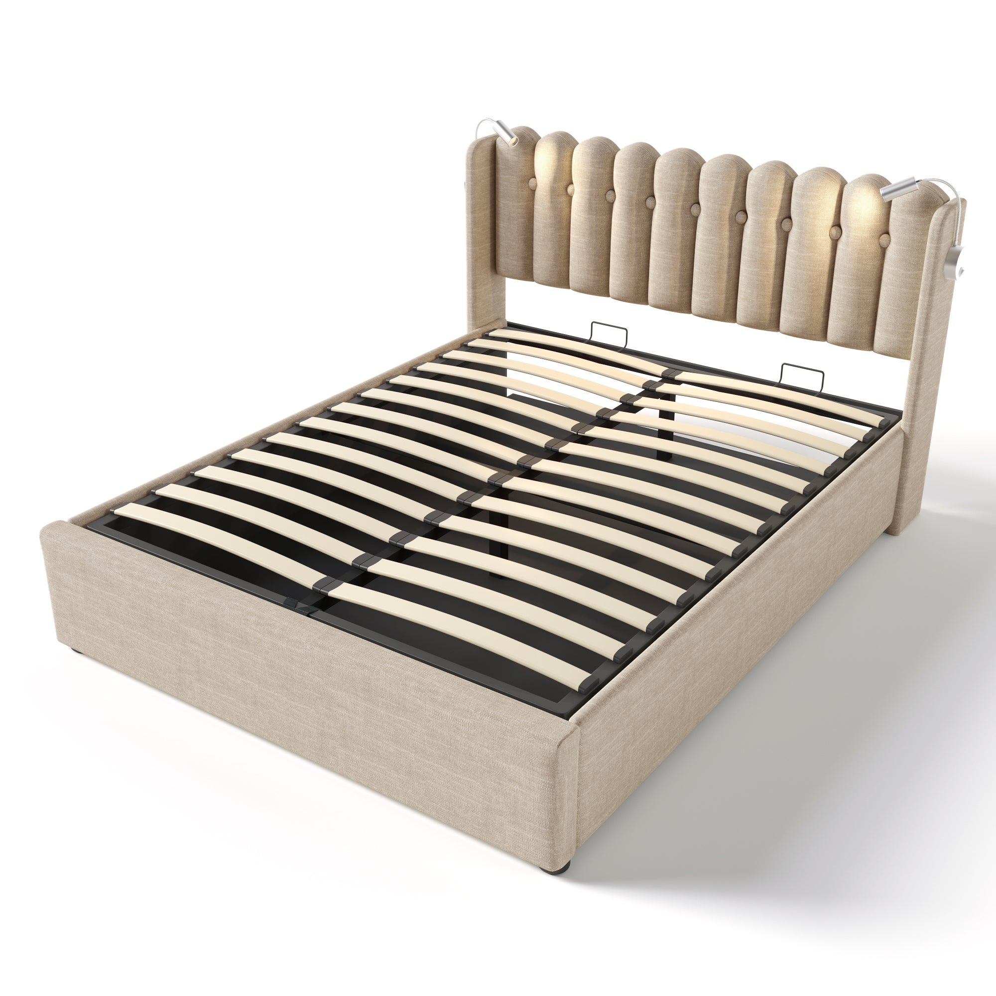 Cama contenedor con cabecero - 140 x 200 cm - lámpara de lectura y toma USB - tela de lino - color natural - 5