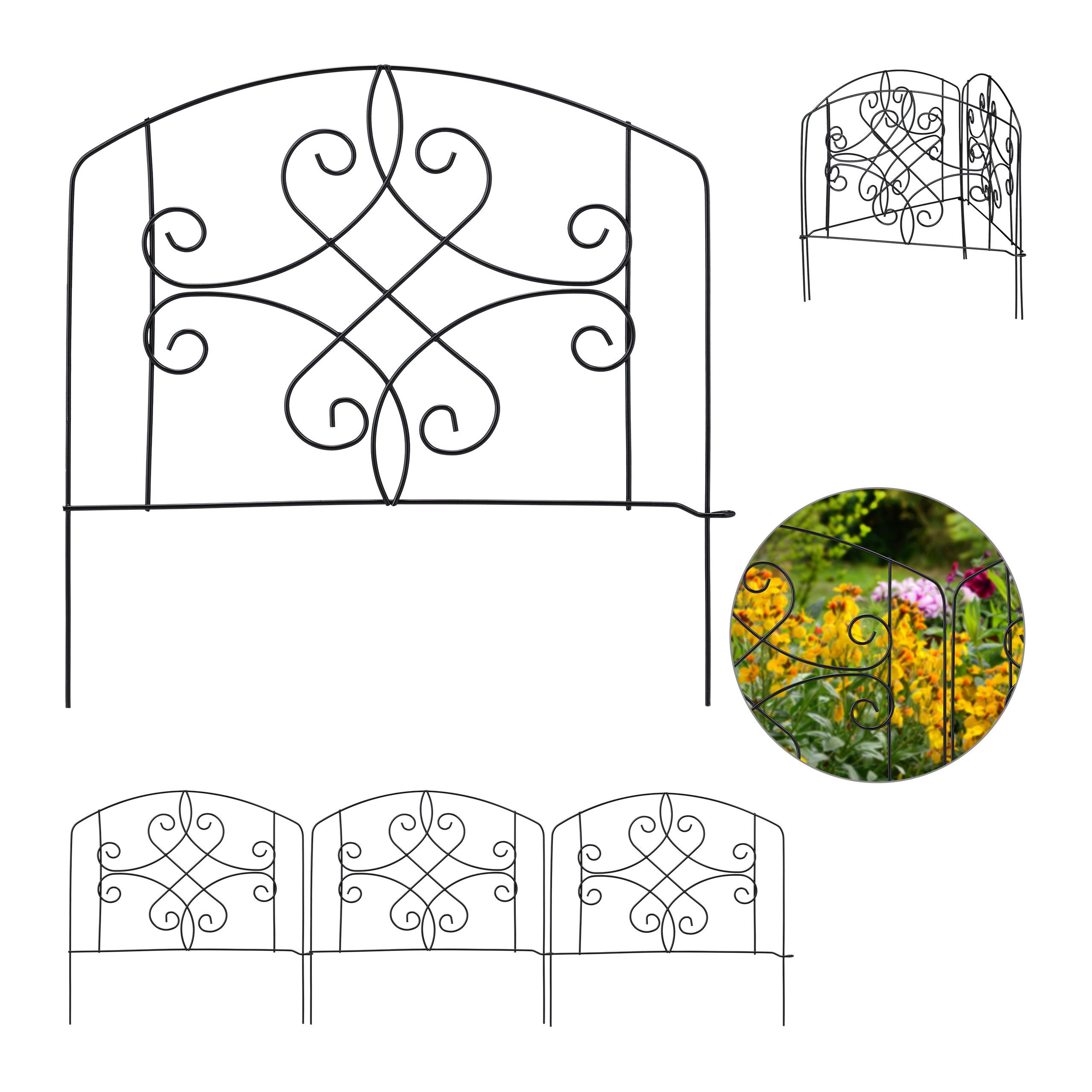 Set 8 Recinzioni Per Aiuole Relaxdays H 38 X L 68 Cm – Bordo In Plastica Nero Con Decorazioni A Giglio, Delimita Giardino E Vialetti