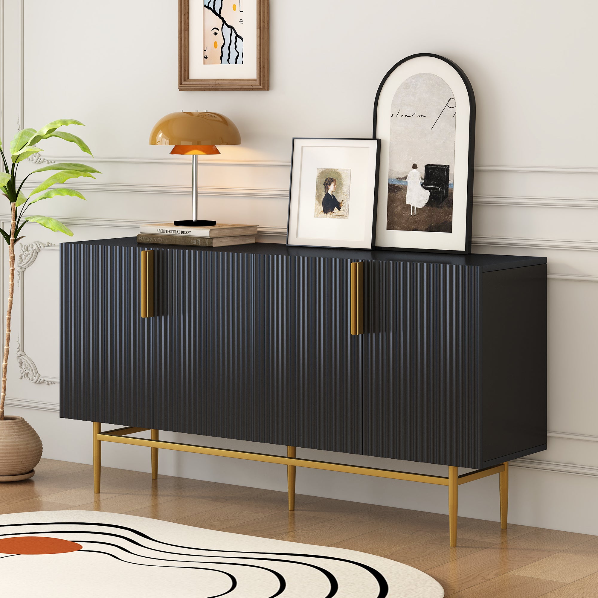 Buffet 4 Portes 80x150x40cm - Meuble TV Rangement, Pieds Métal, Design Linéaire Noir Et Or, Pour Salon Moderne - 6
