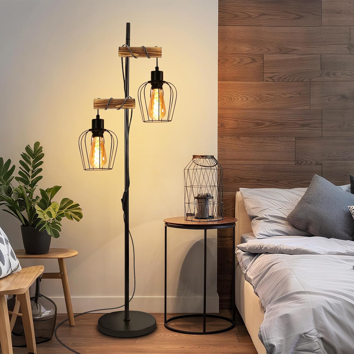 Nettlife Lampadaire en bois pour salon, noir - Lampadaire en métal au design industriel vintage avec 2 lumières, douille E27, (ampoules non incluses) - 2