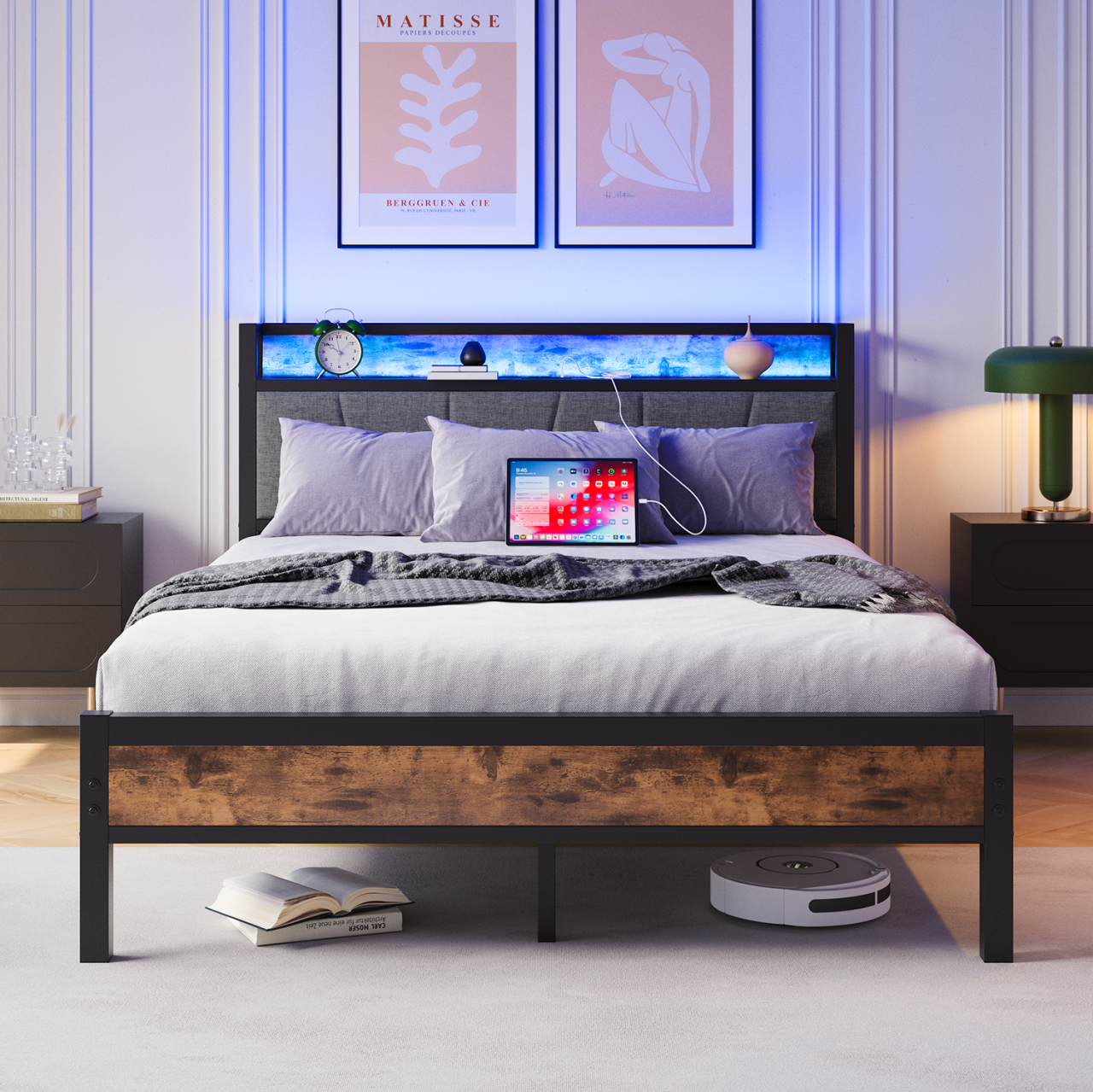Furnulem Letto Matrimoniale Con Testiera Imbottita Grigia, Luci LED RGB E Stazione Di Ricarica USB, Struttura In Metallo, Doghe Incluse - 3