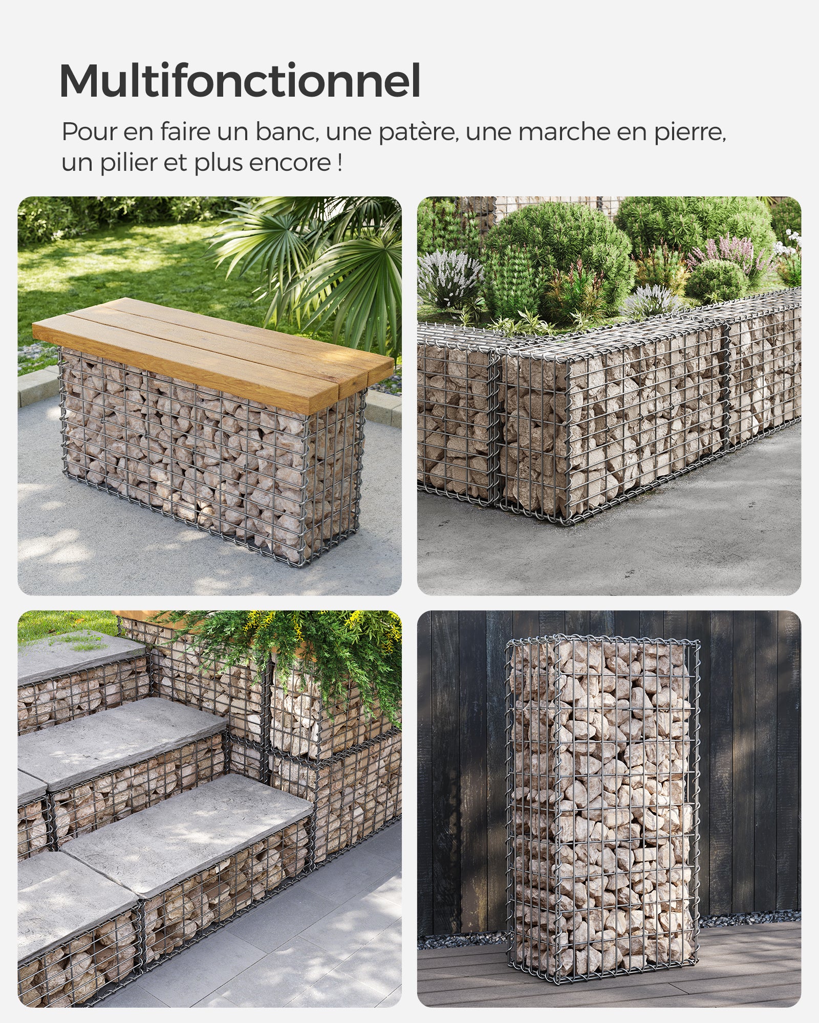 Lot de 2, Gabion pour Pierre, 100 x 50 x 30cm, cloture gabion, Argent, Cage en Métal, Panier à Pierre, Décoration de Jardin - 4