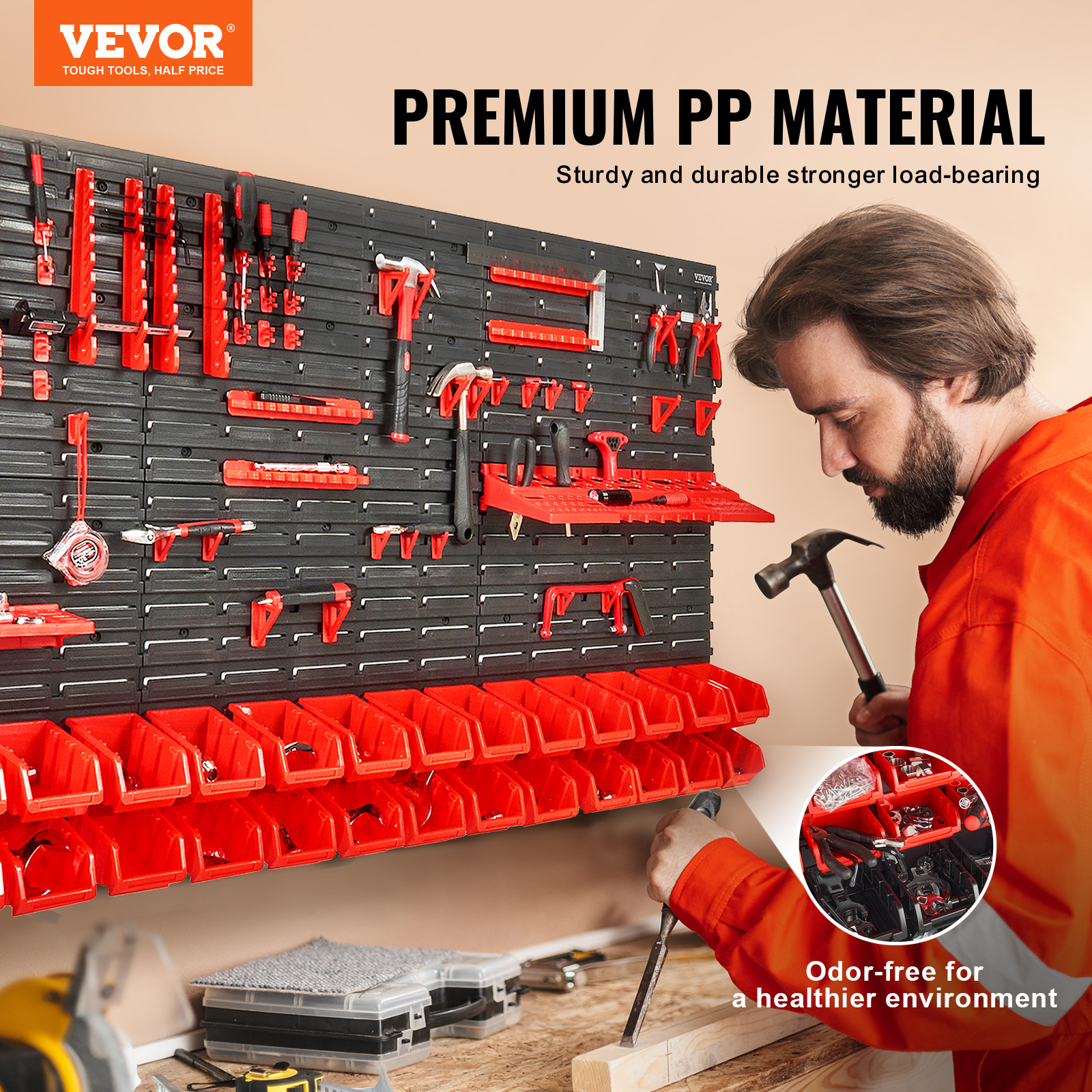 Étagère Bac à Bec Plastique,VEVOR 30 Boites Rangement Empilables Atelier Garage avec Panneaux Muraux,Organisateur Outils pour Écrous,Clous,Noir/Rouge - 2