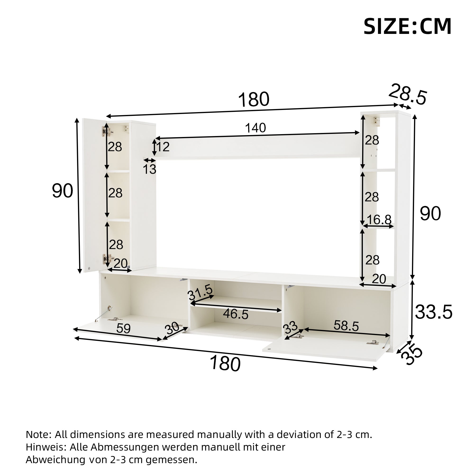 Meuble TV Salle de Séjour Complet avec Bibliothèque Murale et Vitrines, Meuble tv bois Ensemble 4 Pièces (180cm) : Support TV, Étagères Murales, Blanc - 9