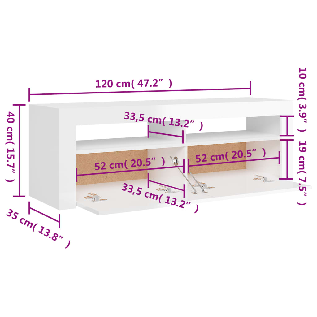 vidaXL Mobile Porta TV con Luci LED Bianco Lucido 120x35x40 cm - 3