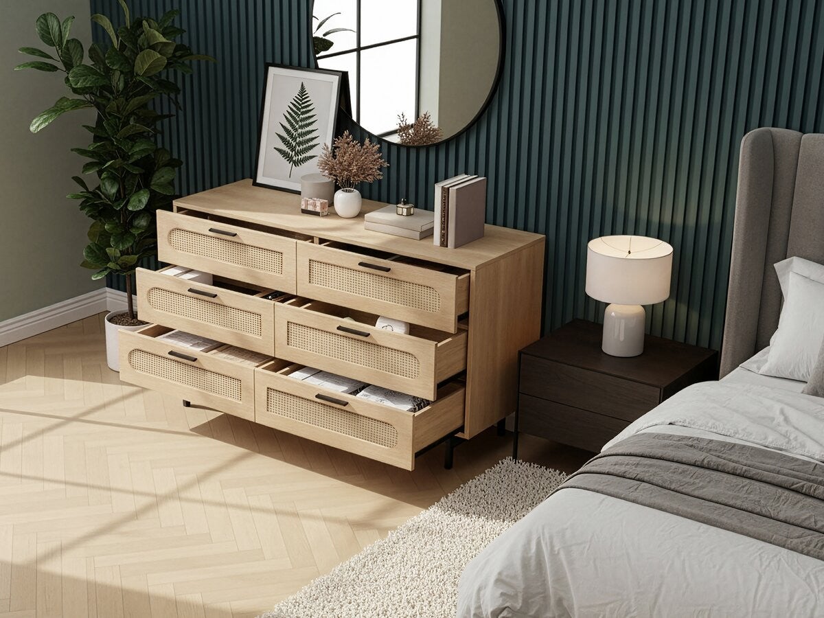Commode en bois et cannage 