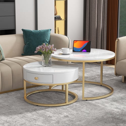 Luminarix Lot De 2 Tables Basses Rondes Et Ovales - Aspect Marbre Blanc Doré - Rangement