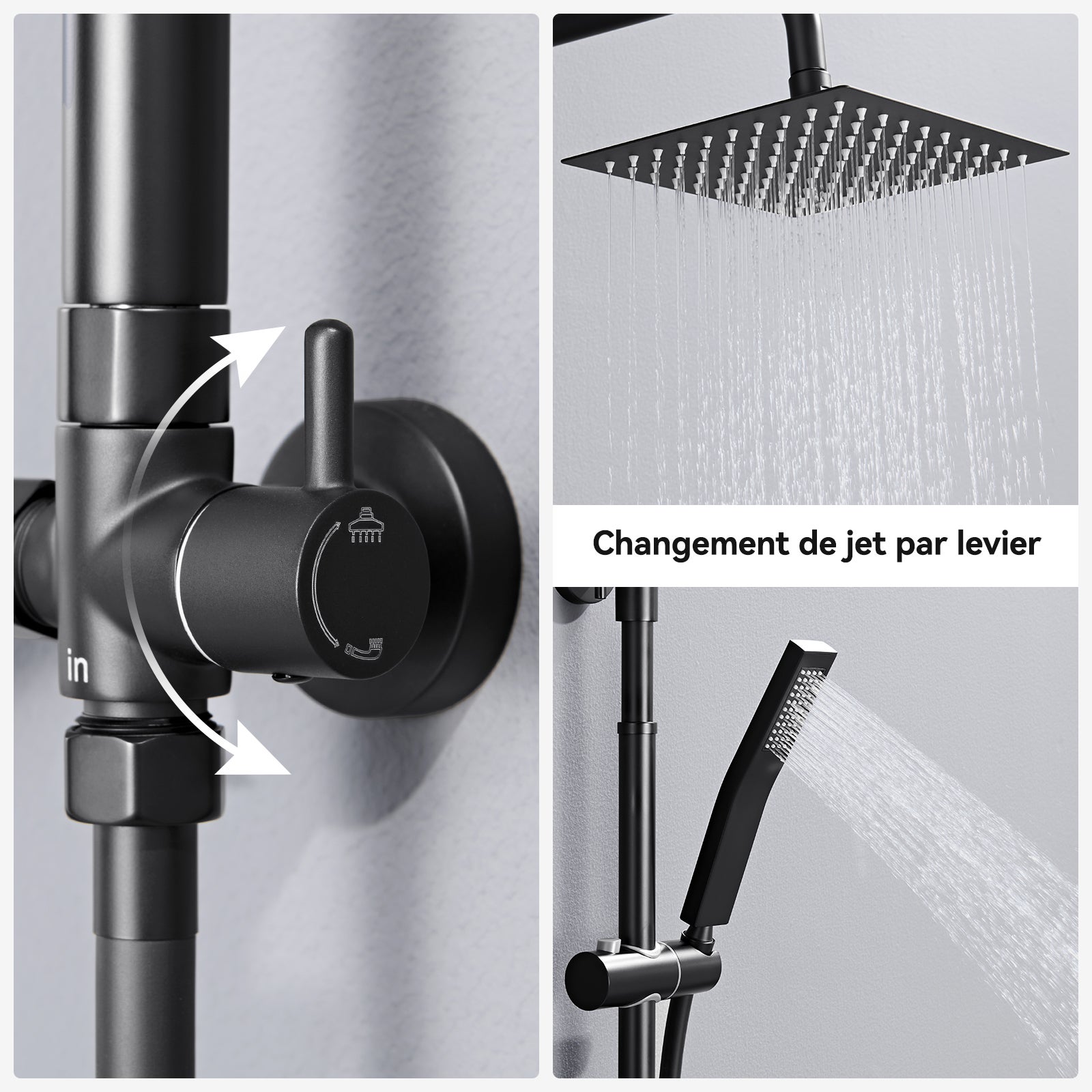 Auralum max Colonne Douche Noir sans Mitigeur Ensemble Douche avec Douchette,Réglable en hauteur avec Tête Douche Carrée 20*20cm,Acier Inoxydable - 9