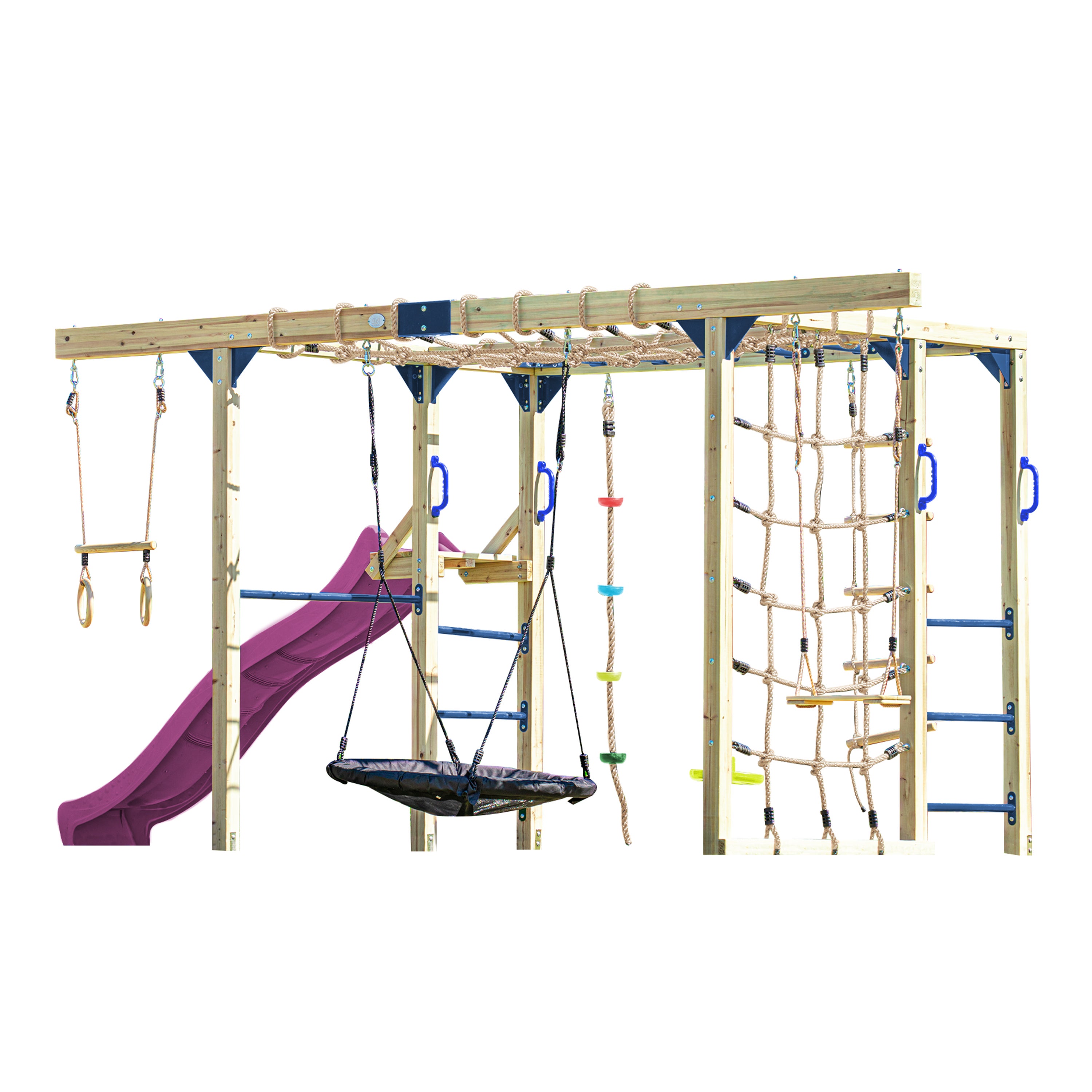 Aire de jeux FUNNY 3 : toboggan - balançoire simple - mur d'escalade et bac à sa