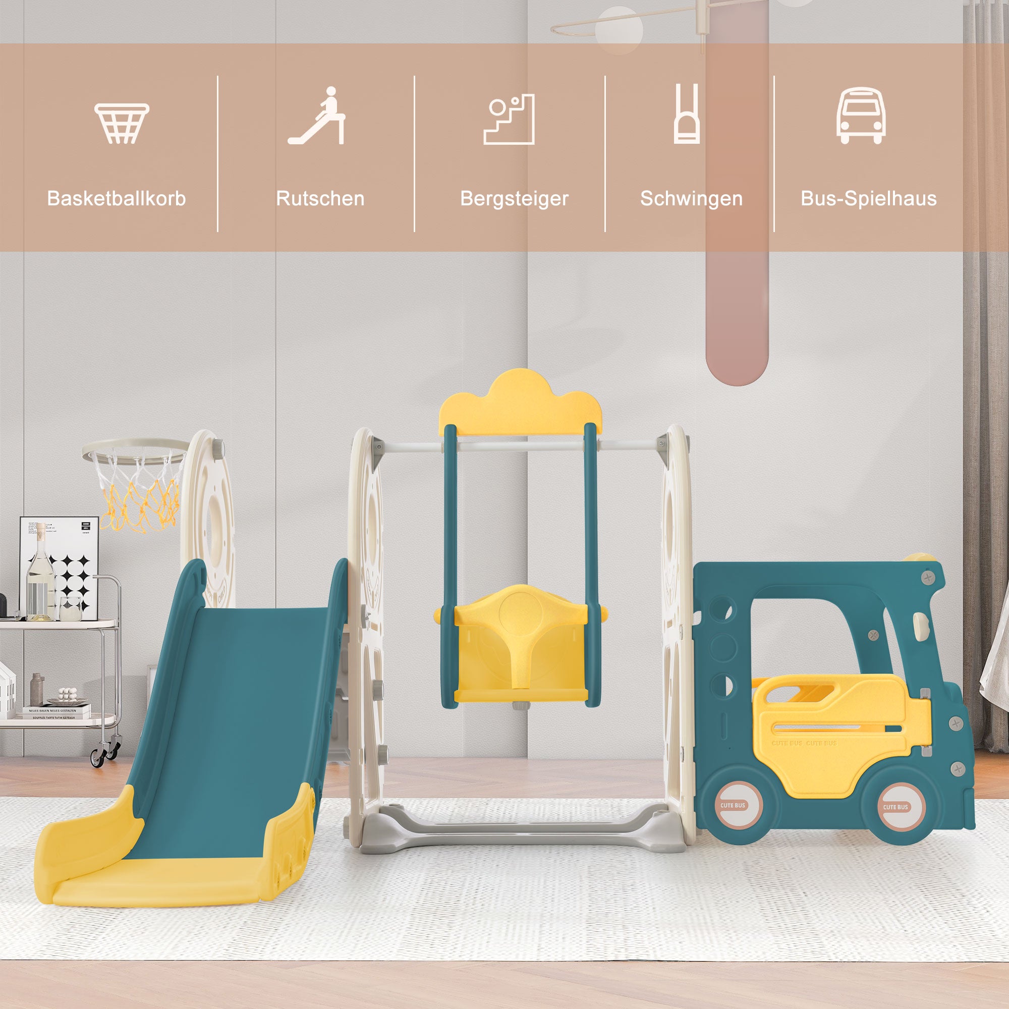 Toboggan pour enfants 5 en 1, pour l'intérieur et l'extérieur, avec balançoire, panier de basket, bus, échelle, vert - 8