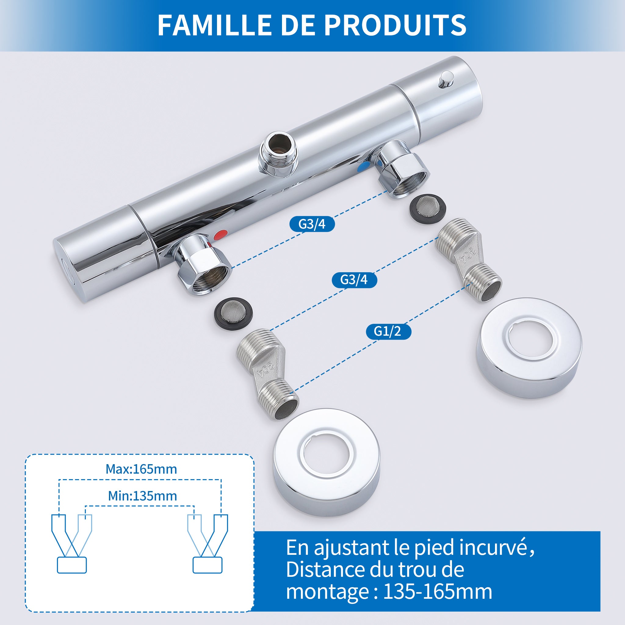 Mitigeur Thermostat Douche Robinet Mitigeur Douche pour Colonne de Douche Baignoire Robinetterie de Bain en Laiton Chromé - 6