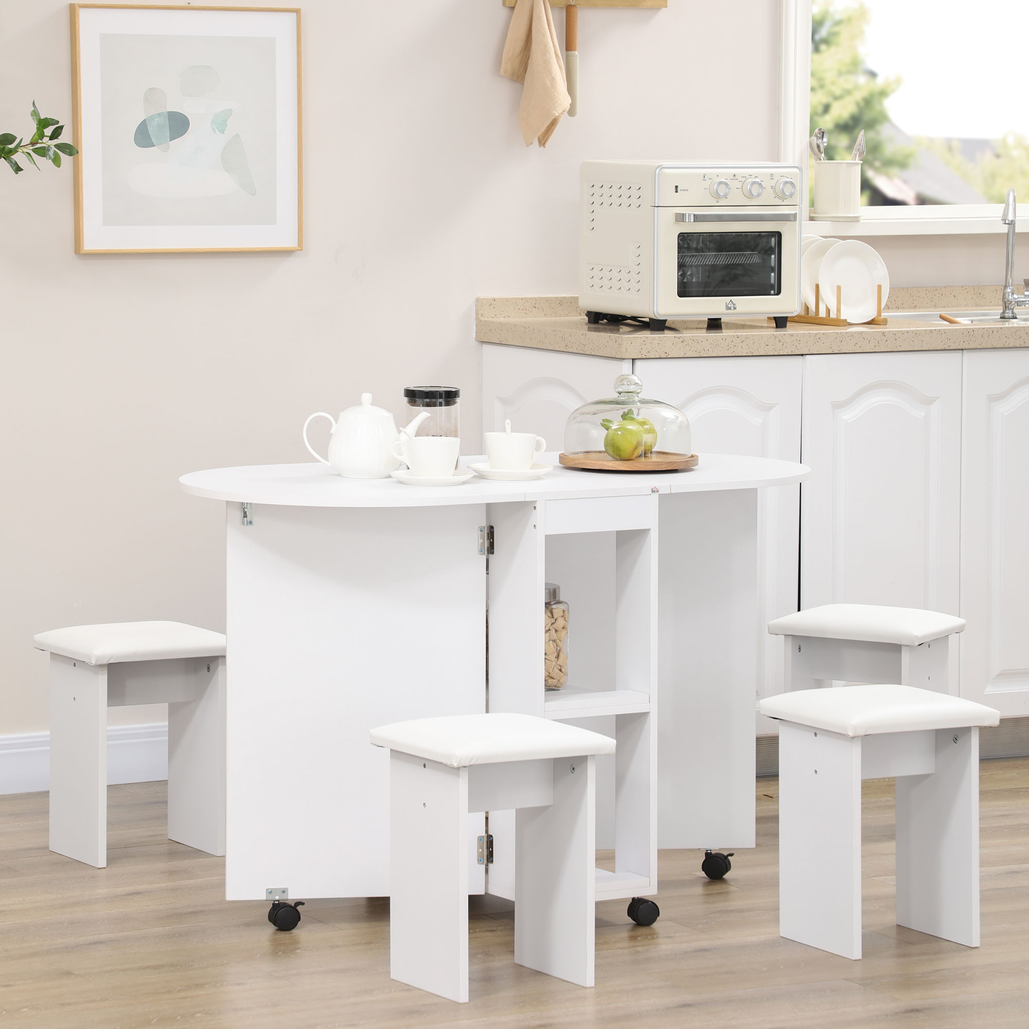 Set 3 Pezzi Tavolo Alto Pieghevole Con 2 Sgabelli, Bianco E Legno - Perfetto Per Cucine Piccole E Bar - Foto 6