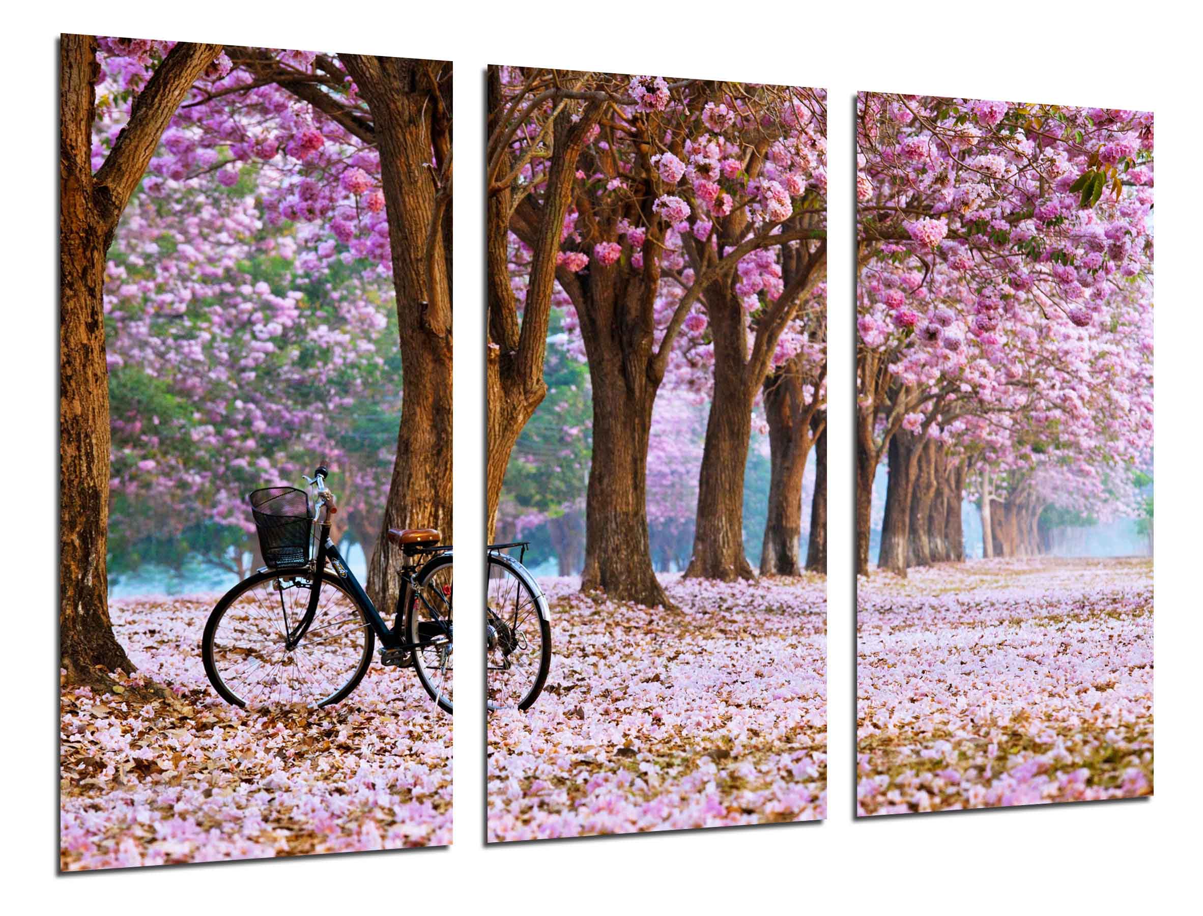 Camino bosque en otoño, camino de flores rosas, impresión fotográfica sobre madera, cuadro moderno decorativo
