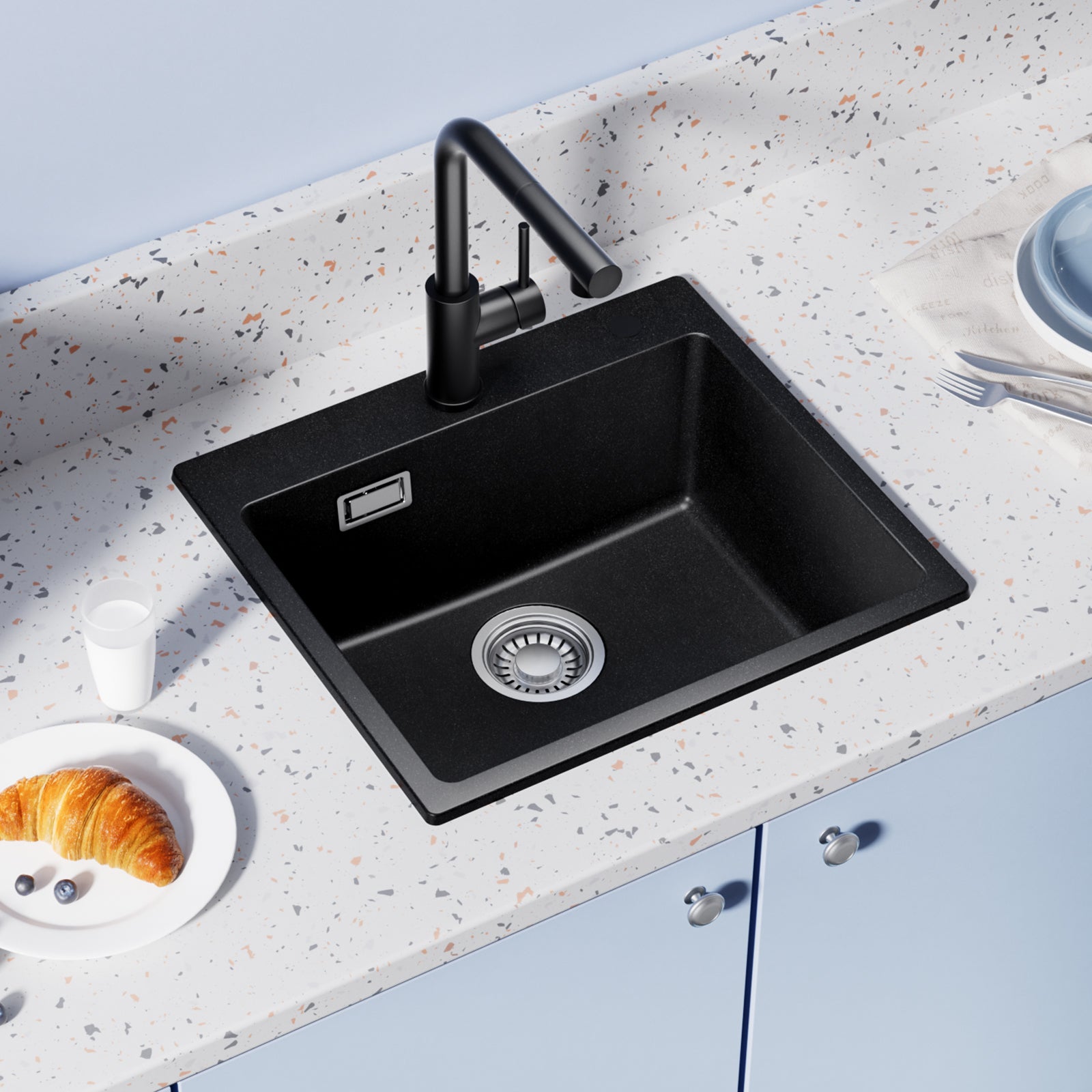 Lava-loiça de cozinha Cecipa Max 50 x 45 cm em granito preto, cuba simples com torneira e chuveiro extensível. - 2