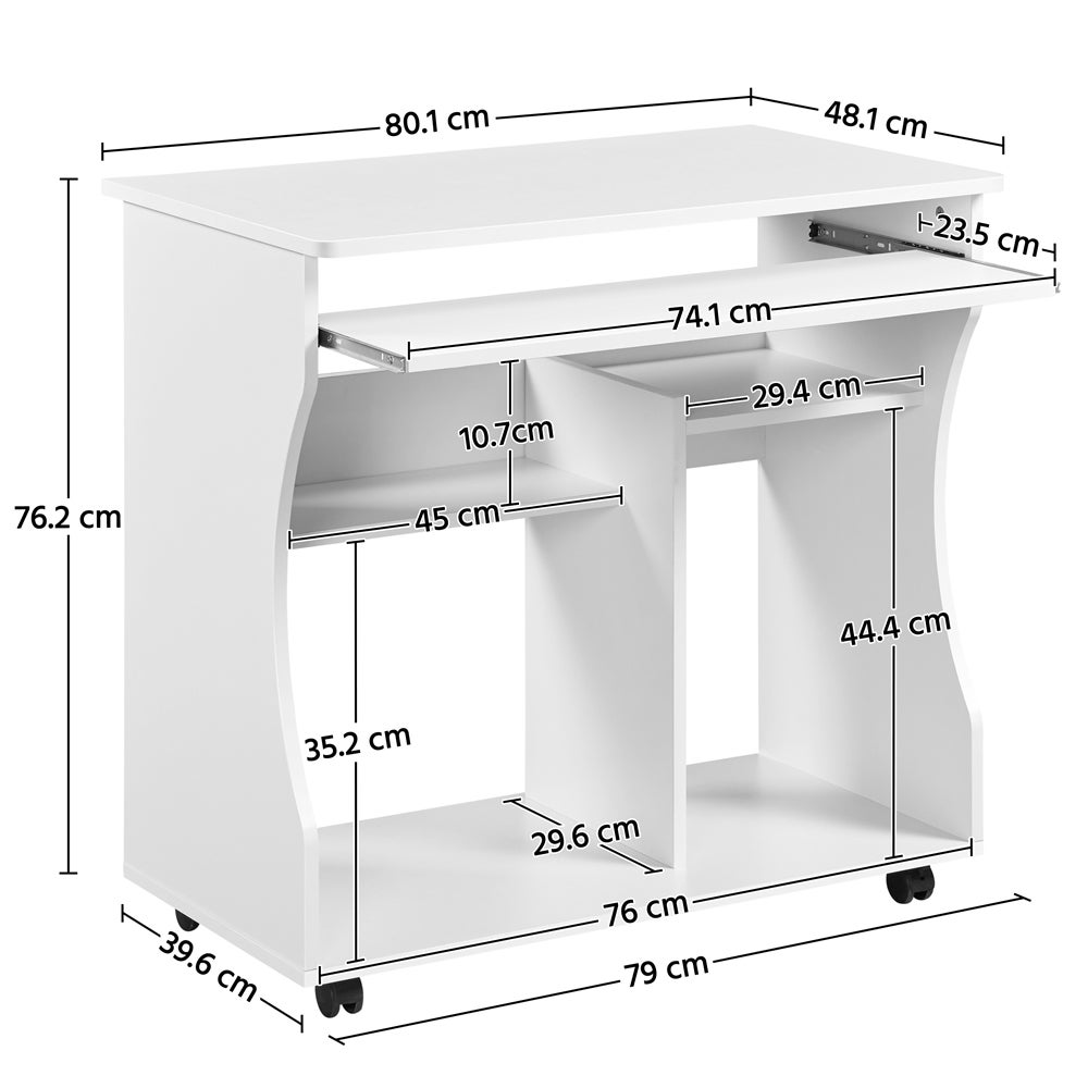 Bureau Informatique à Roulettes en Bois avec Plateau pour Clavier Étagères de Rangement, Blanc Yaheetech - 4