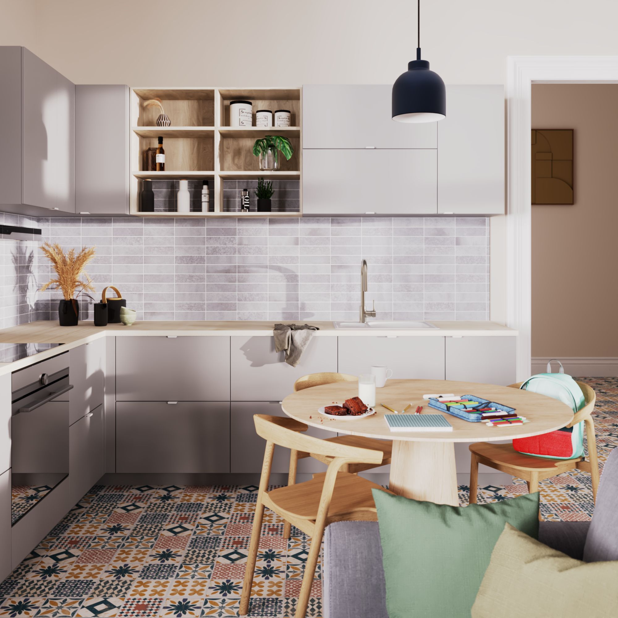 ARTENS - Sol PVC - Dalles PVC à clipser BAHIA - Sous-couche intégrée - INTENSO EXTREM - Effet carreaux de ciment - Bleu/Rose - Dimensions L.61 cm x - 4