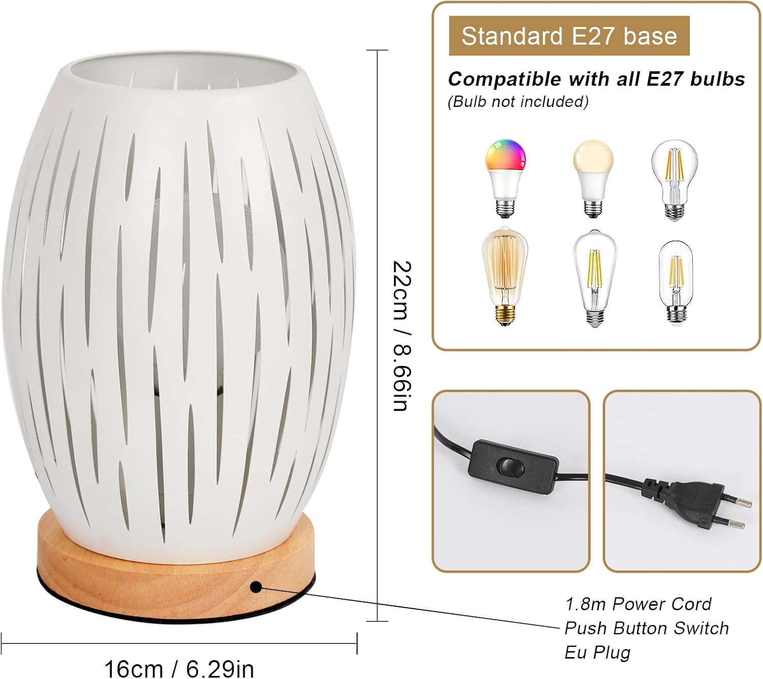 GOECO Lampe de Chevet E27, Lampe de Table avec Socle en Bois et Abat-jour en Métal Creux, Lampe de Bureau Décorative pour Chambre, Blanc - 2