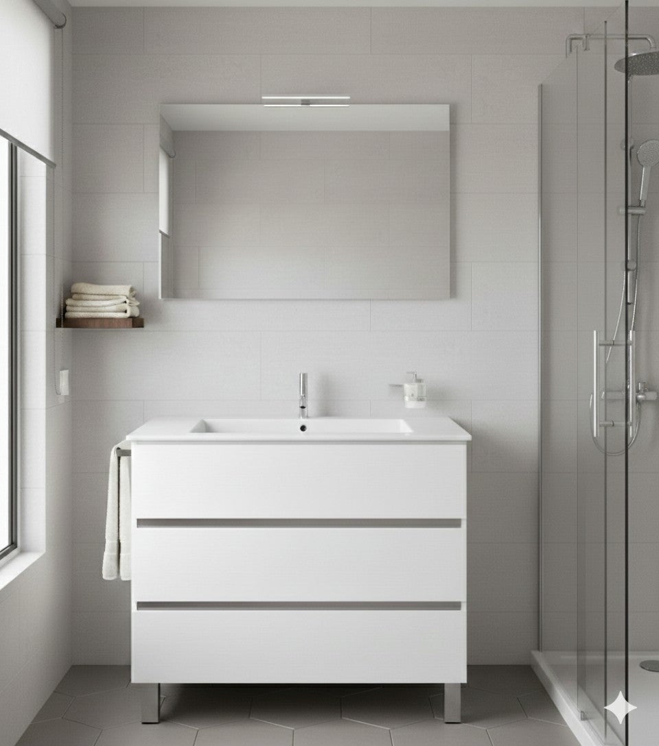 Set Mobilier de baie BALDER Gata Asamblat 3 sertare cu picioare, lavoar și oglindă Alb lucios 90x45 cm