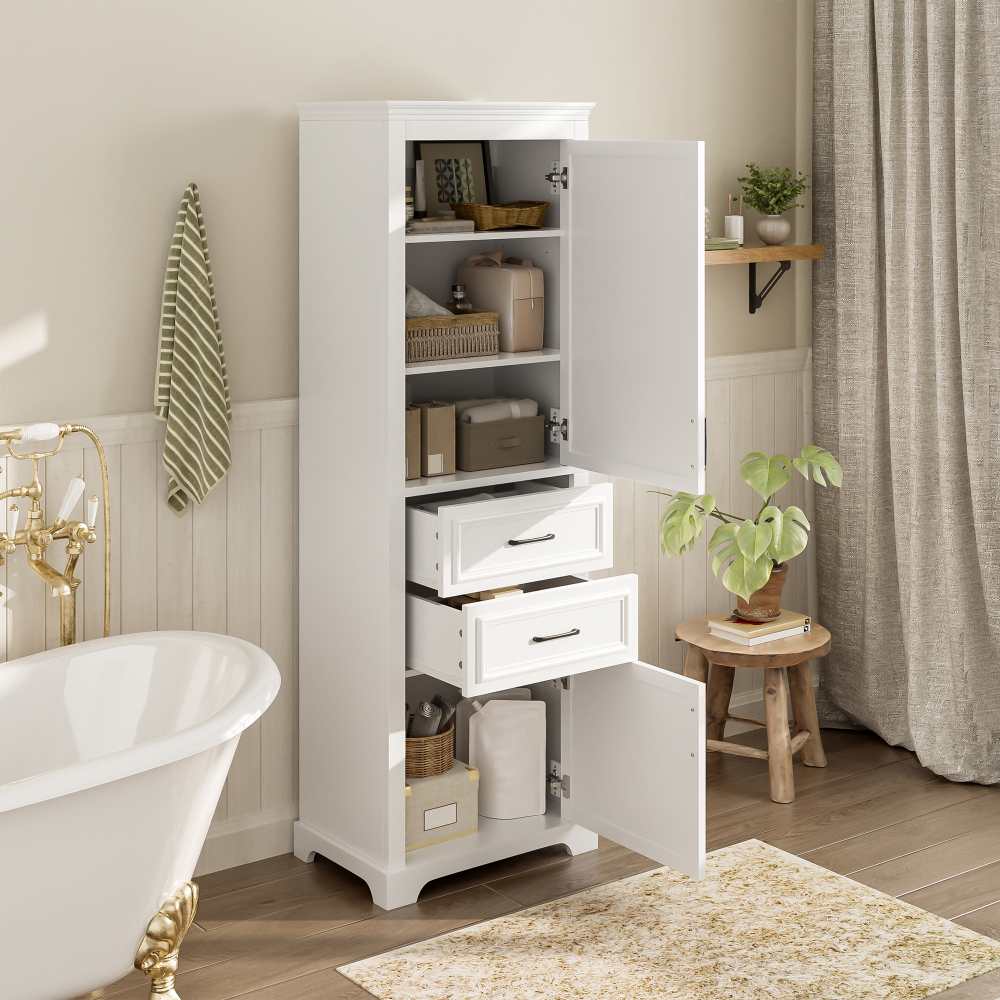 Armoire de salle de bain 60x40x180 cm en MDF blanc avec 2 tiroirs, 2 placards, étagères réglables et charnières soft-close - 2