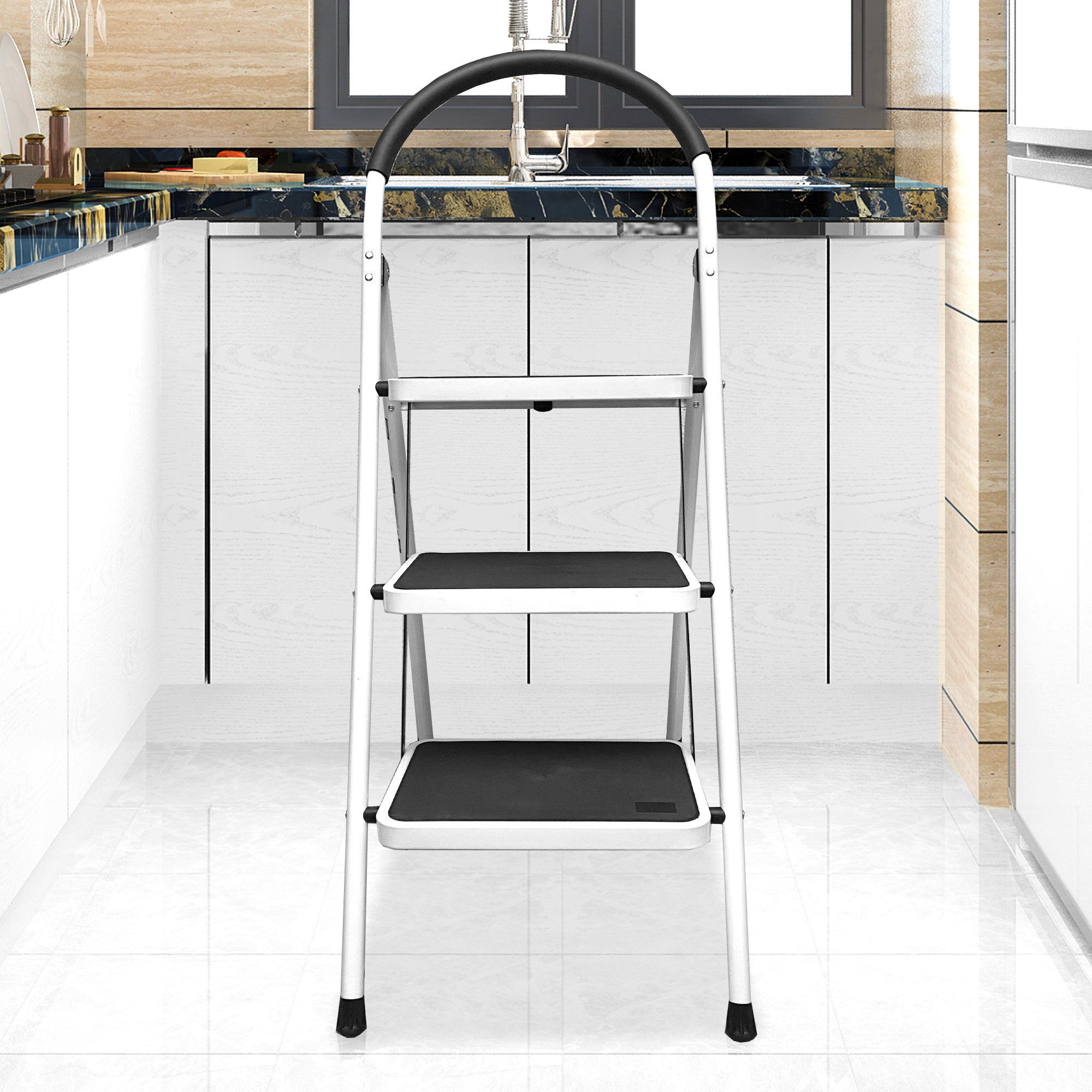 Échelle Pliable Acier Antidérapante 3 Marches 118x48x68 cm Nyana Home | Poignée Ergonomique | Grande Stabilité - 8