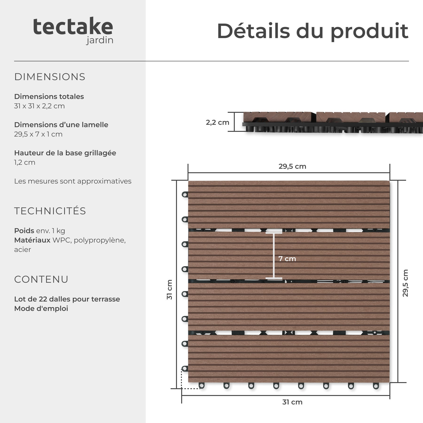 Lot de dalles de terrasse TEGULAS en WPC aspect bois Lot de 22 pièces avec système de clic TECTAKE - 6
