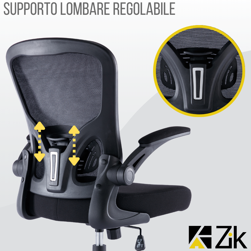Sedia Ufficio Ergonomica Girevole Reclinabile da Scrivania con Braccioli, Regolabile in Tessuto Nero - ZIK - 4