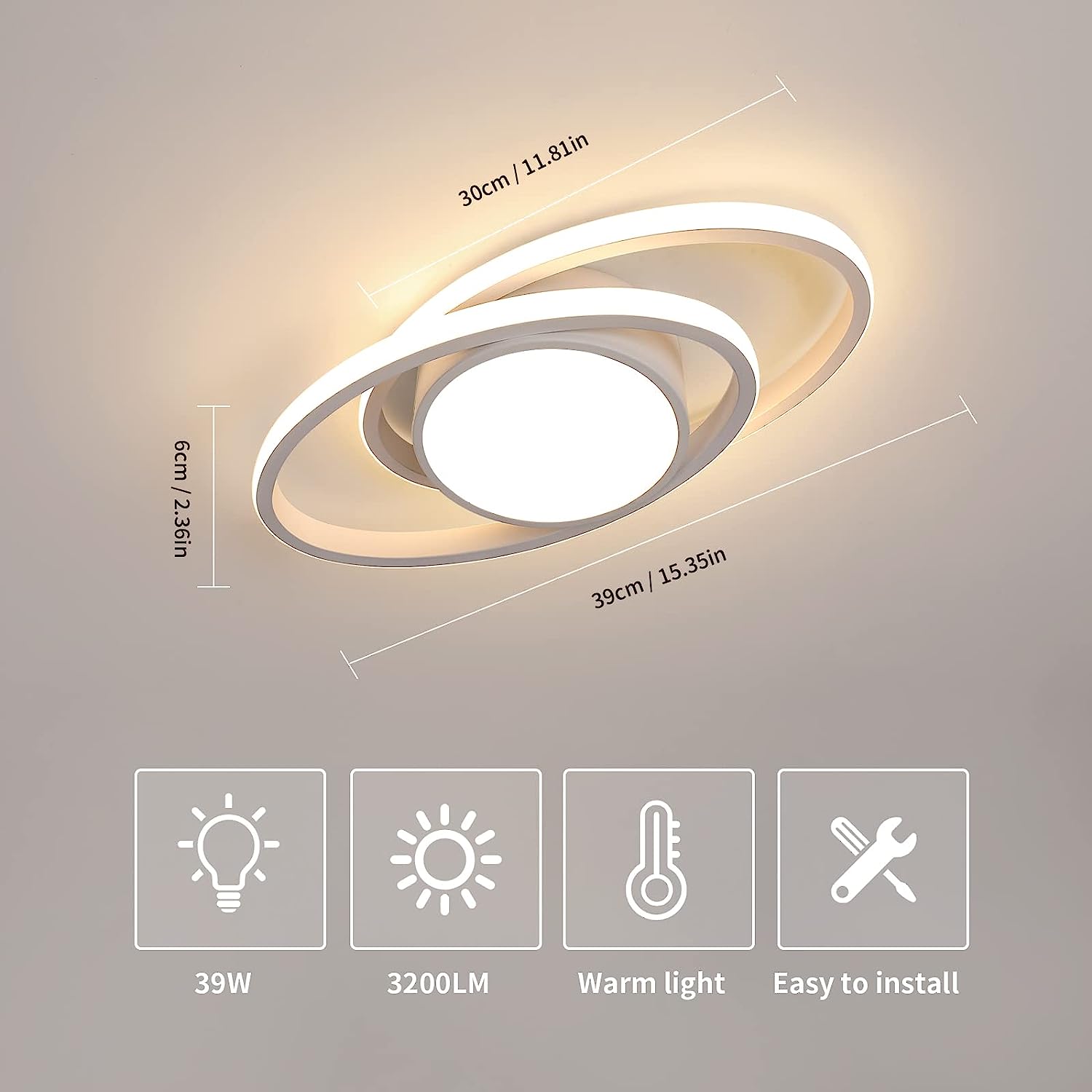 GOECO Plafonnier LED, Luminaire Plafonnier Chambre, 42W 4000lm, Rond Lampe de plafond Moderne pour Chambre Salon Cuisine, Dia 40cm (Elliptique, Blanc) - 5