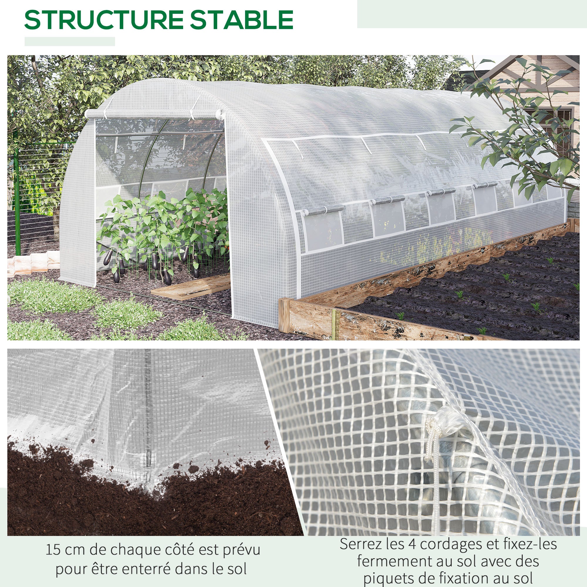 Serre de jardin 18m² 6x3x2m, portes et parois zippées, 12 fenêtres, PE 140g/m² anti-UV, acier, blanc, pour potager - 9