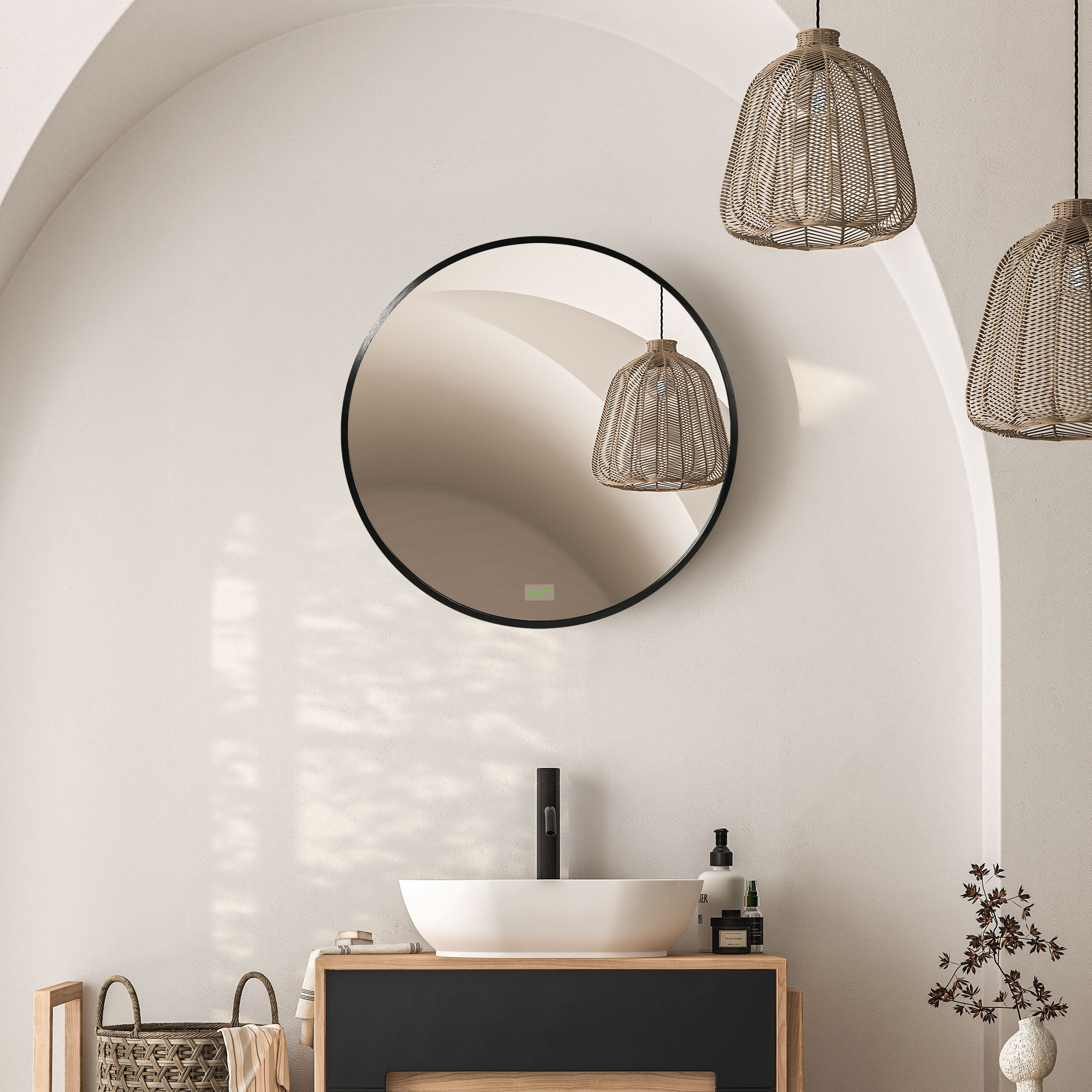 Espejo de baño , espejo redondo, espejo de baño con marco de aluminio, espejo de pared ø50 cm para salón, dormitorio, baño, ip44, negro