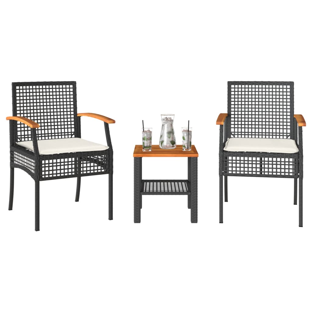 3-cz. zestaw mebli bistro, poduszki, czarny rattan PE i akacja