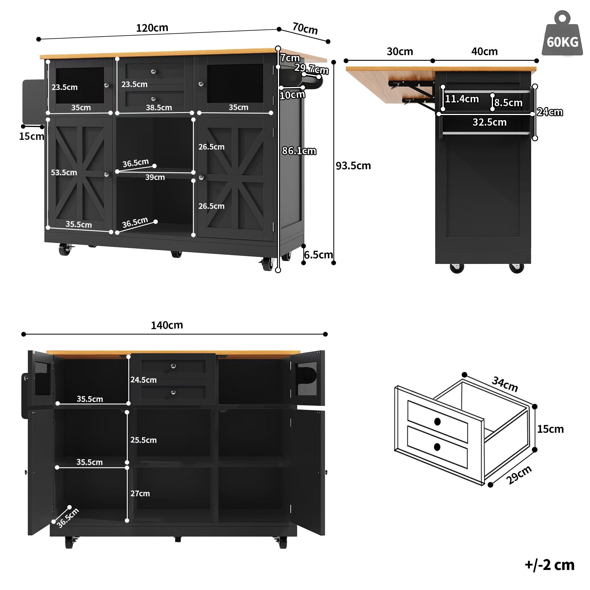 ilot Central Cuisine sur roulettes avec 2 tiroirs, Table à Manger Extensible avec porte-serviettes latéral(Noir, 140x40-70x93,5cm) - 7