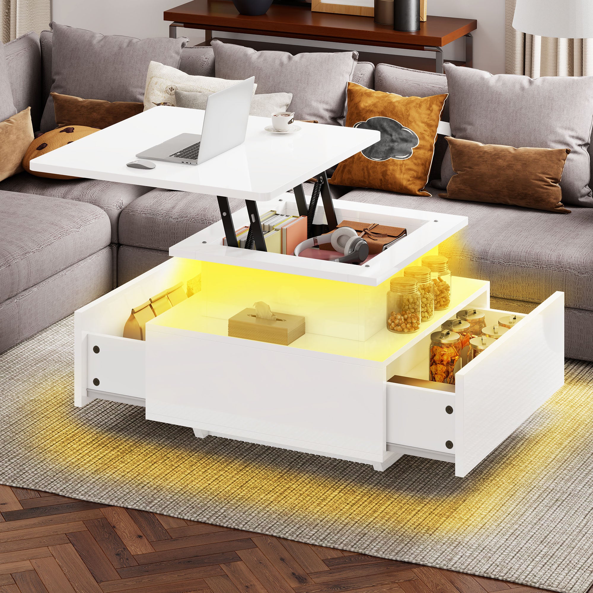 Balconera Table basse avec plateau relevable, 60 x 60 x 45 cm, finition laquée brillante, guirlande lumineuse LED et 2 tiroirs - 7