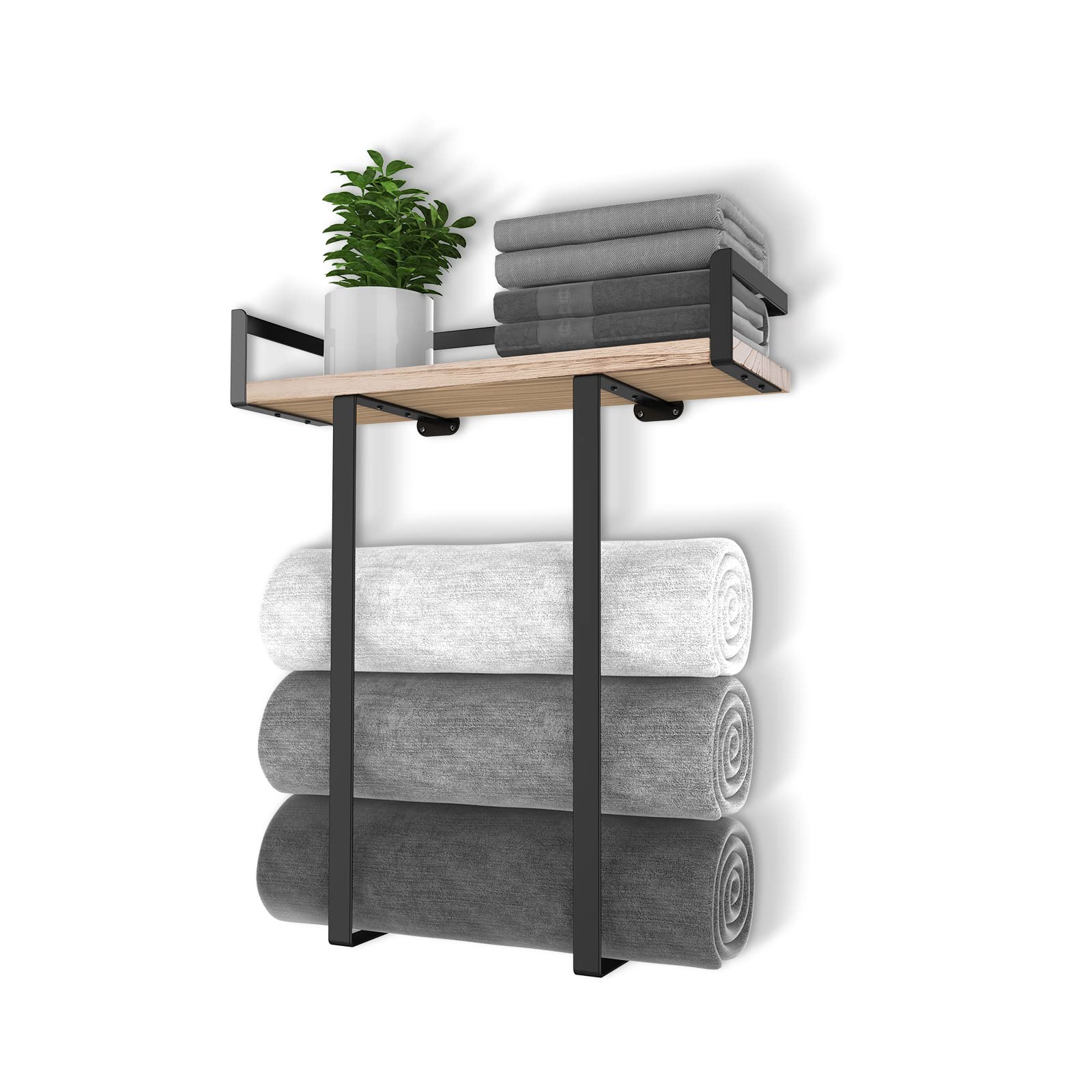 Toallero de pared con estante de madera - almacenamiento para toallas grandes - ideal para baños pequeños,decoración o camping - equipamiento