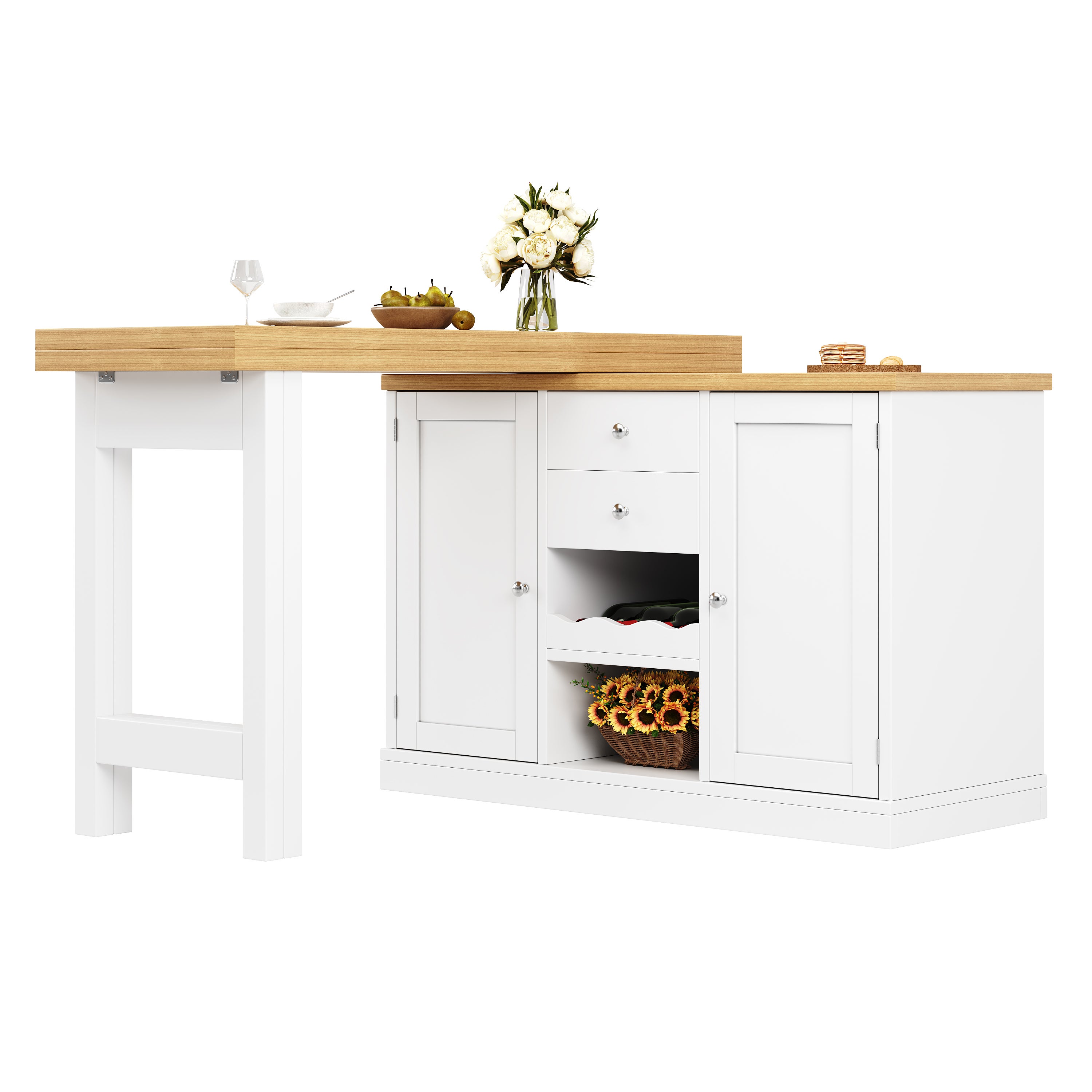 Îlot de cuisine,table à manger extensible rotative à 360°, vin et étagère de rangement,portes à fermeture magnétique,120-197x40x74cm - 7