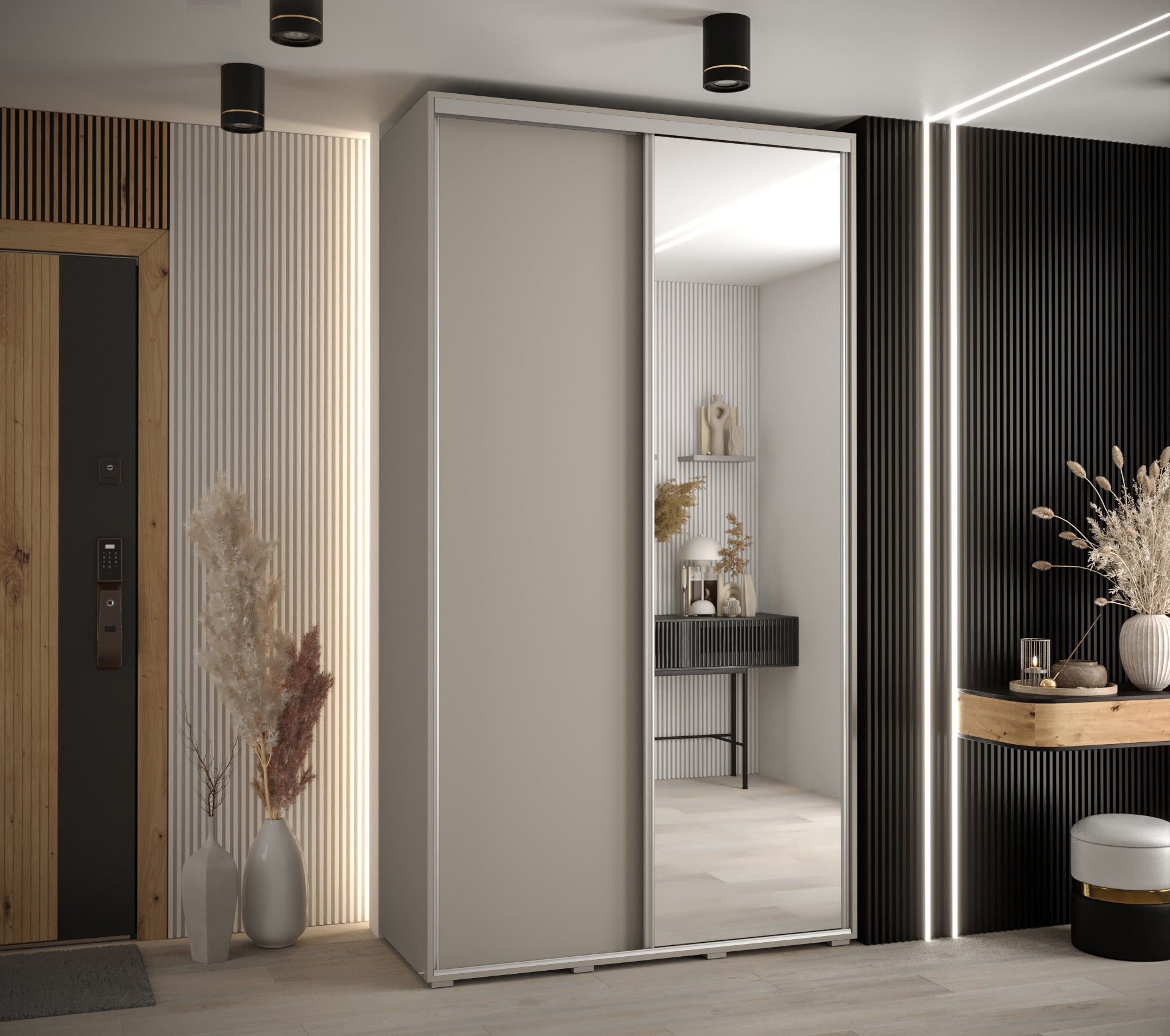 Szafa przesuwna z lustrem wysoka Dakota 3 140 x 45 x 235,2 cm kaszmir + u. Srebrny - Abiks Meble