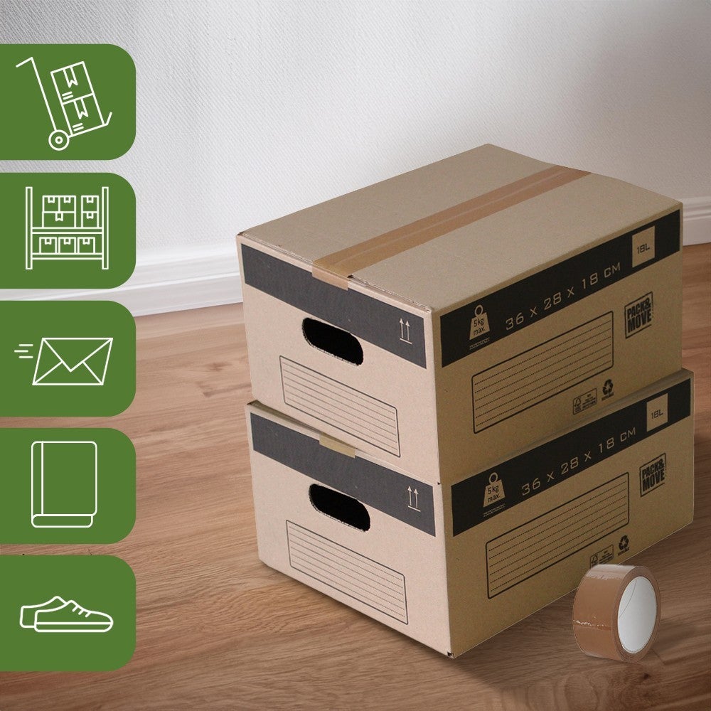 Pack and Move - Lot 20 cartons déménagement stockage S - 36 x 28 x 18 cm - Poignées renforcées - 1 adhésif offert - 5