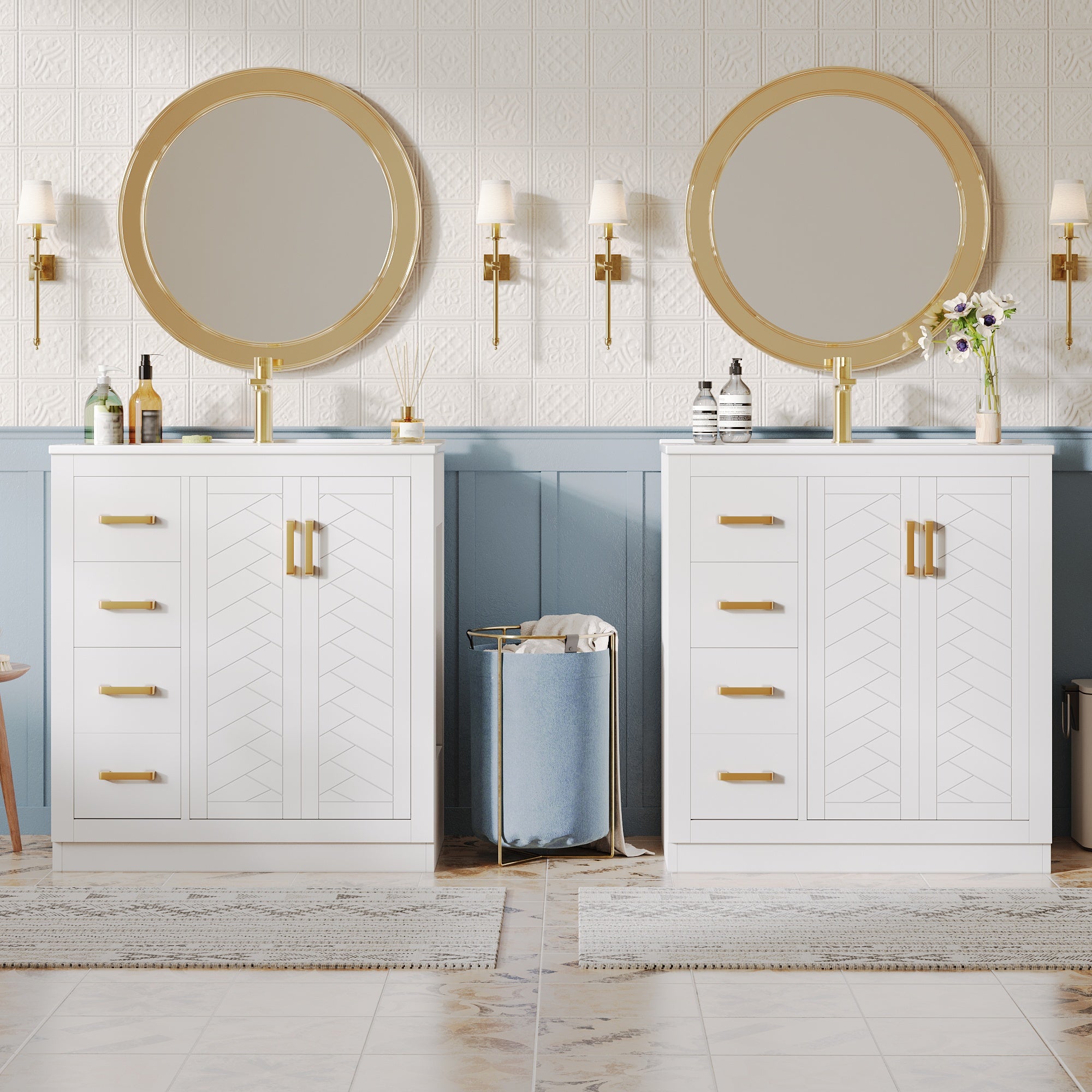 Zestaw 2 szafek łazienkowych z umywalkami ceramicznymi – 3 szuflady, 2 drzwi i półka boczna – 76,5 x 46,5 x 84,5 cm – MDF – biały