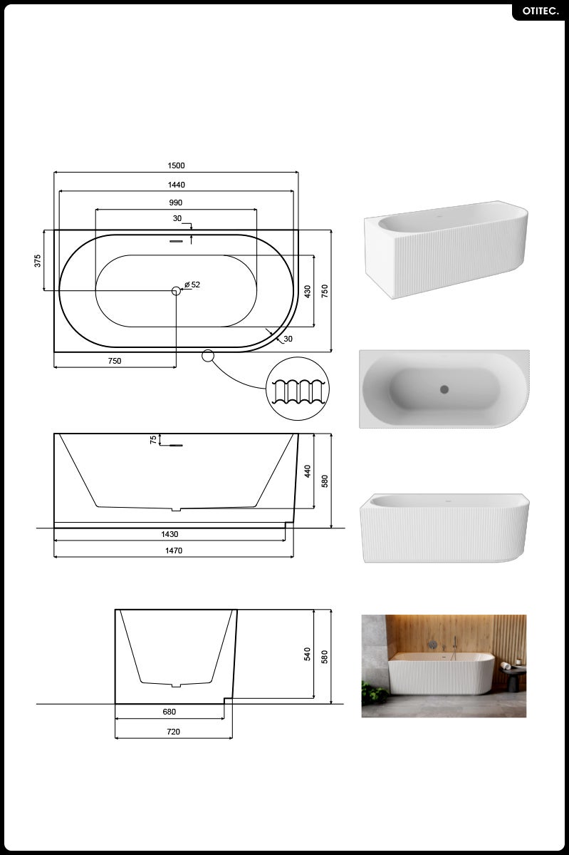 Bañera asimétrica - 150 x 75 cm - Izquierda - Con sifón Cromado - Pies - INCLUIDOS - DENAYA - 7