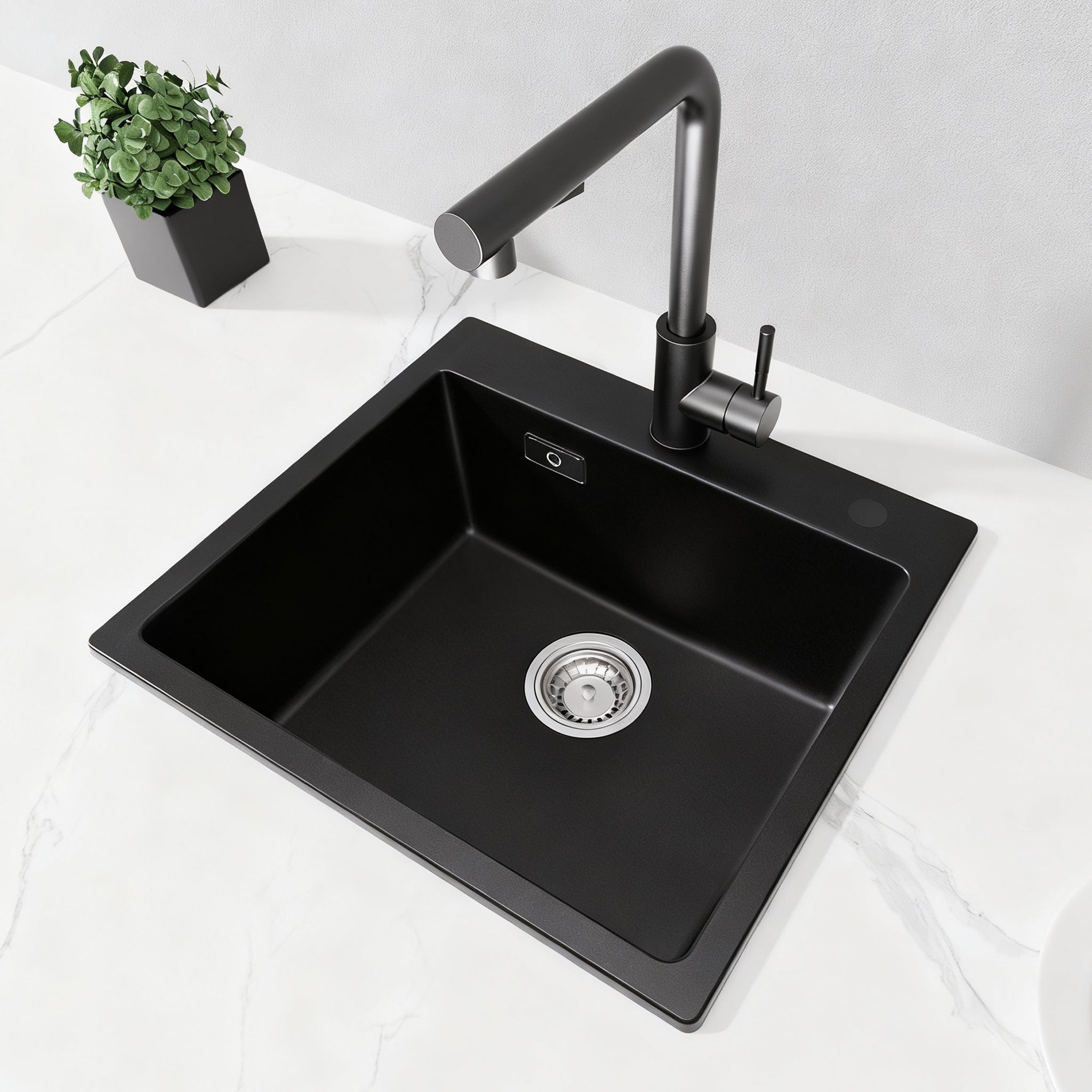 CECIPA MAX Évier de Cuisine 50*45cm en Granit Noir, Évier à Encastrer Kit de Vidage, Évier 1 Bac en Quartz et Résine - 2