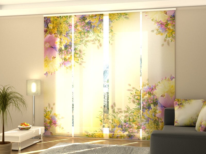 4 paneles japoneses wellmira 60x270 cm con riel de 4 vías de 240 cm, flores de campo veraniegas