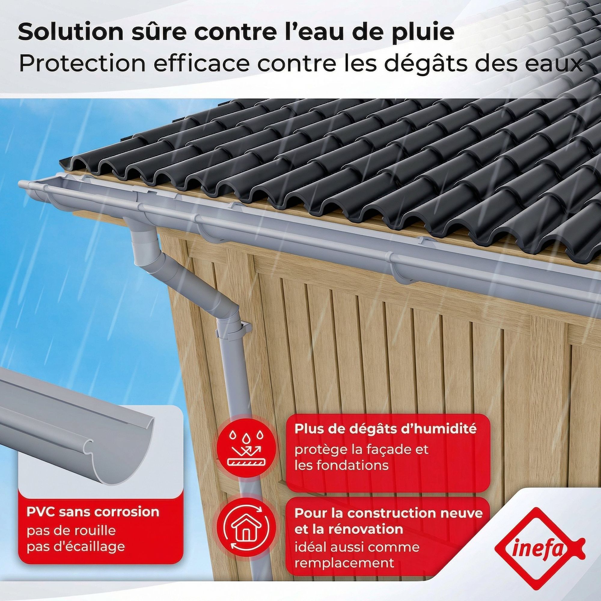 Kit gouttière PVC 2x6 m demi-ronde NW100 100 mm marron foncé gouttière descente tuyaux abri carport INEFA - 4
